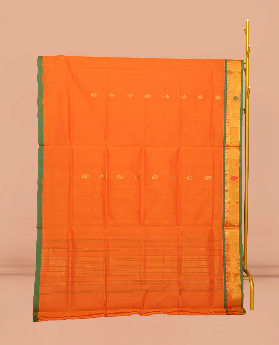 Orange Venkatagiri Cotton Saree Detailed with Buttas, a Contrast Zari-Thread Border, Pallu of Stripes, and No Blouse