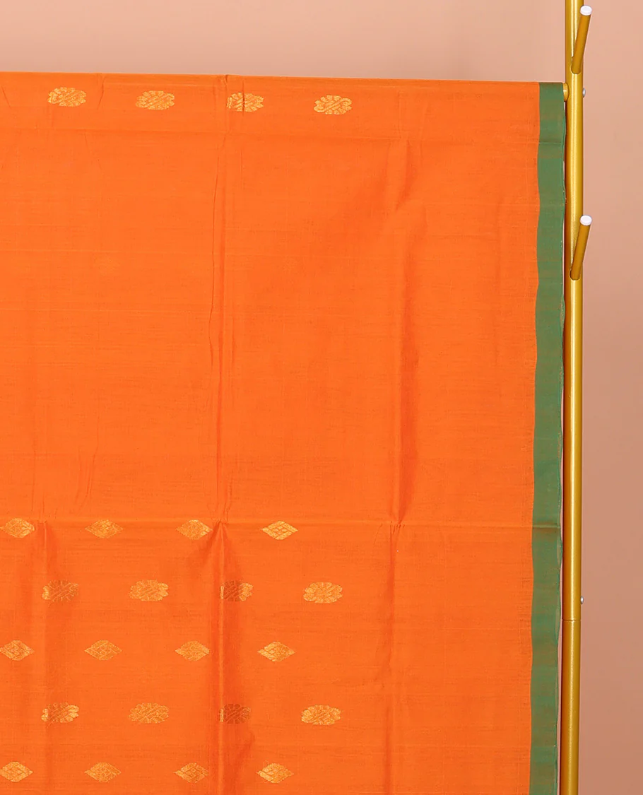 Orange Venkatagiri Cotton Saree Detailed with Buttas, a Contrast Zari-Thread Border, Pallu of Stripes, and No Blouse - Image 3