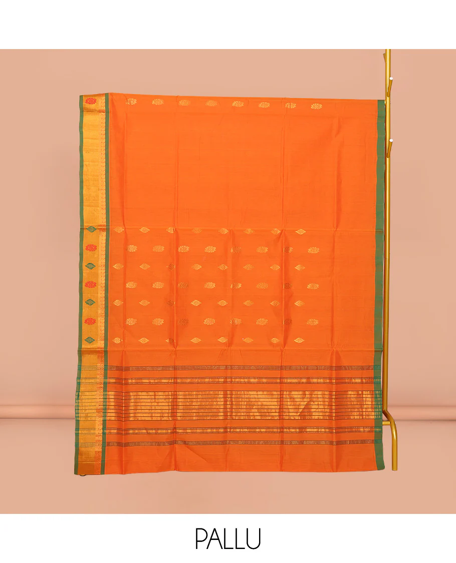 Orange Venkatagiri Cotton Saree Detailed with Buttas, a Contrast Zari-Thread Border, Pallu of Stripes, and No Blouse - Image 4