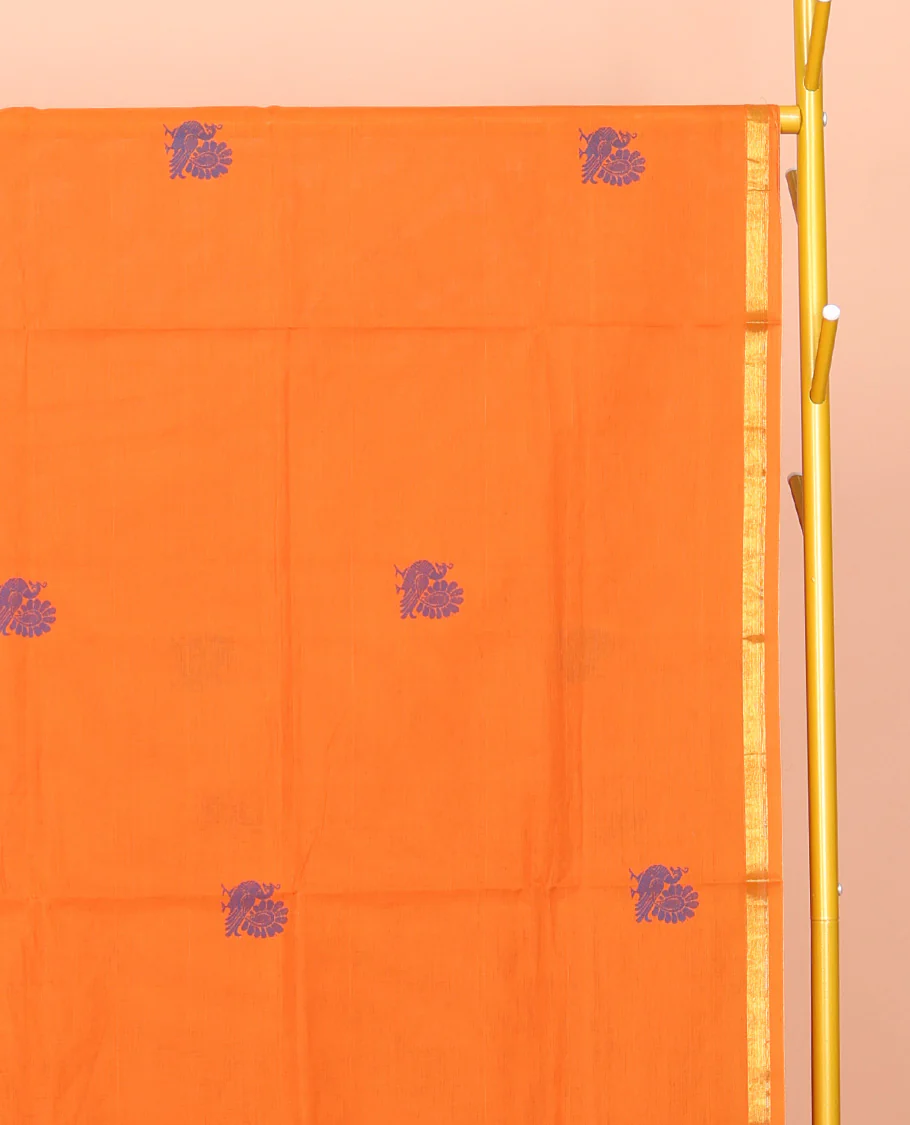 Orange Venkatagiri Cotton Saree Features Peacock Buttas, a Contrast Zari Border, Pallu of Peacock Buttas and Stripes, and No Blouse - Image 3