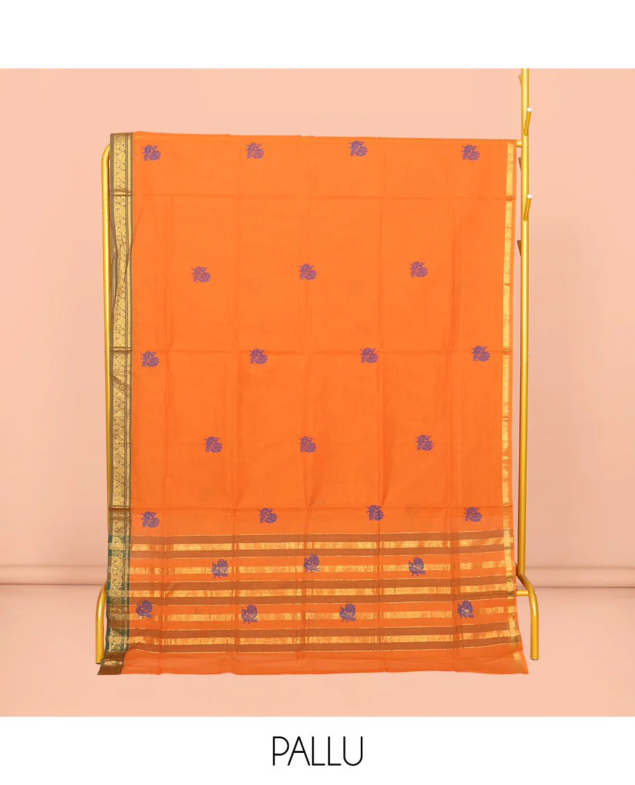 Orange Venkatagiri Cotton Saree Features Peacock Buttas, a Contrast Zari Border, Pallu of Peacock Buttas and Stripes, and No Blouse - Image 4