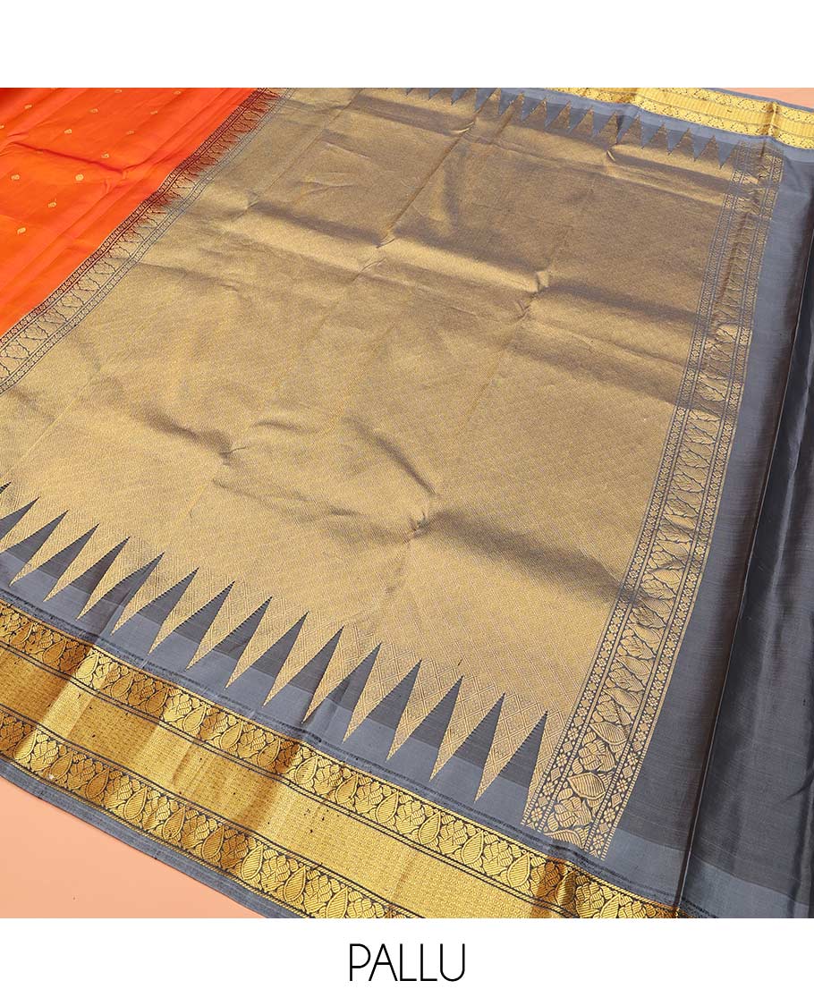Orange zari buttas Bangalore silk saree, contrast temple traditional zari border, and zari-rich jaal pallu - Image 5