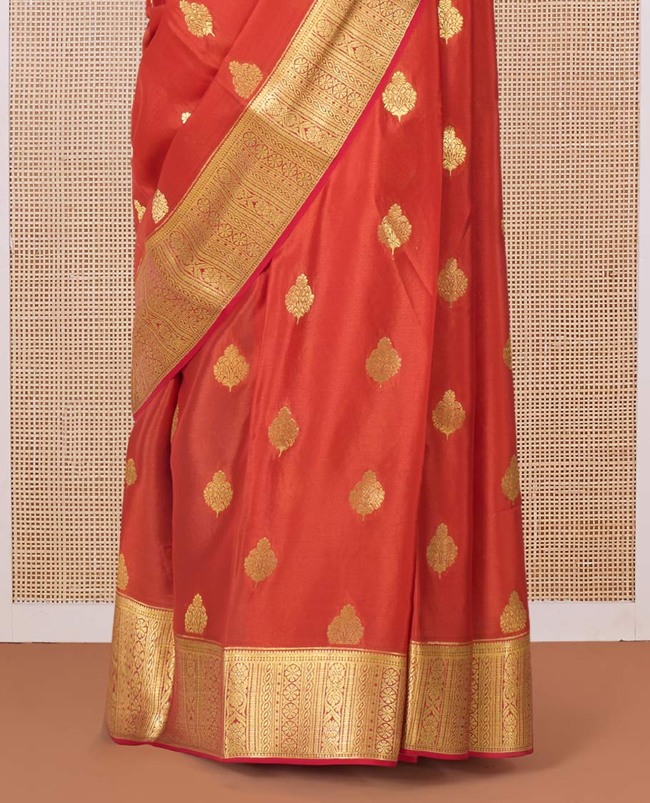 Orange zari buttas Mysore silk saree, traditional zari border, and ogee patterned pallu - Image 4