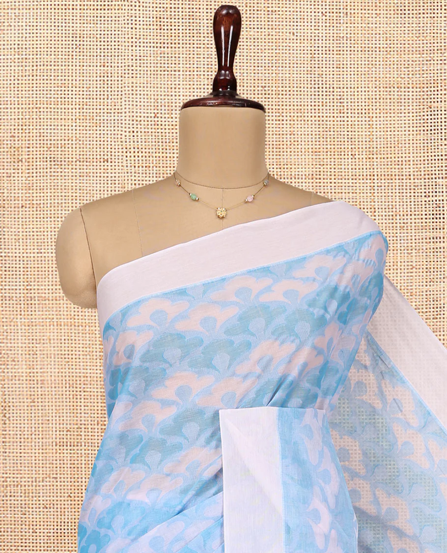 Pale Blue Coimbatore Cotton Saree, Crafted with Scallop Design on Its Body, a Contrast Plain Border, Pallu of Geometric Design, and Paired with Contrast Blouse - Image 2