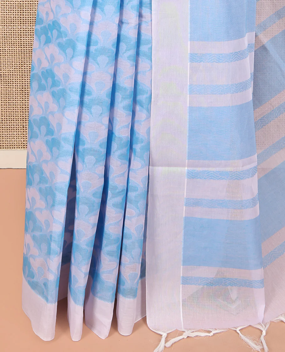 Pale Blue Coimbatore Cotton Saree, Crafted with Scallop Design on Its Body, a Contrast Plain Border, Pallu of Geometric Design, and Paired with Contrast Blouse - Image 3