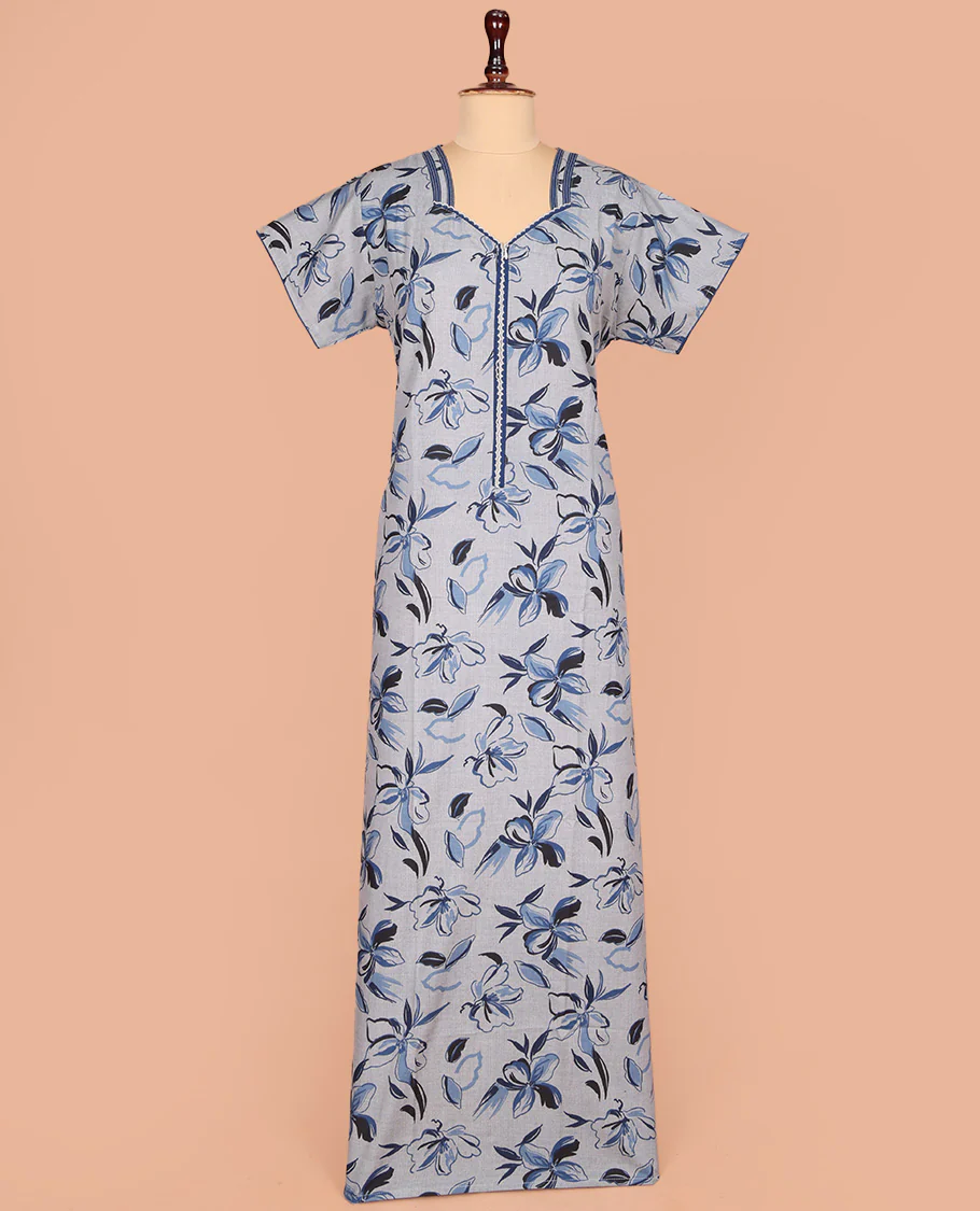 Pale Blue Cotton Nighty Elevated with Floral Print, Featuring Lace Work, Sweet Heart Front Neck, and Half  Sleeves - Image 2
