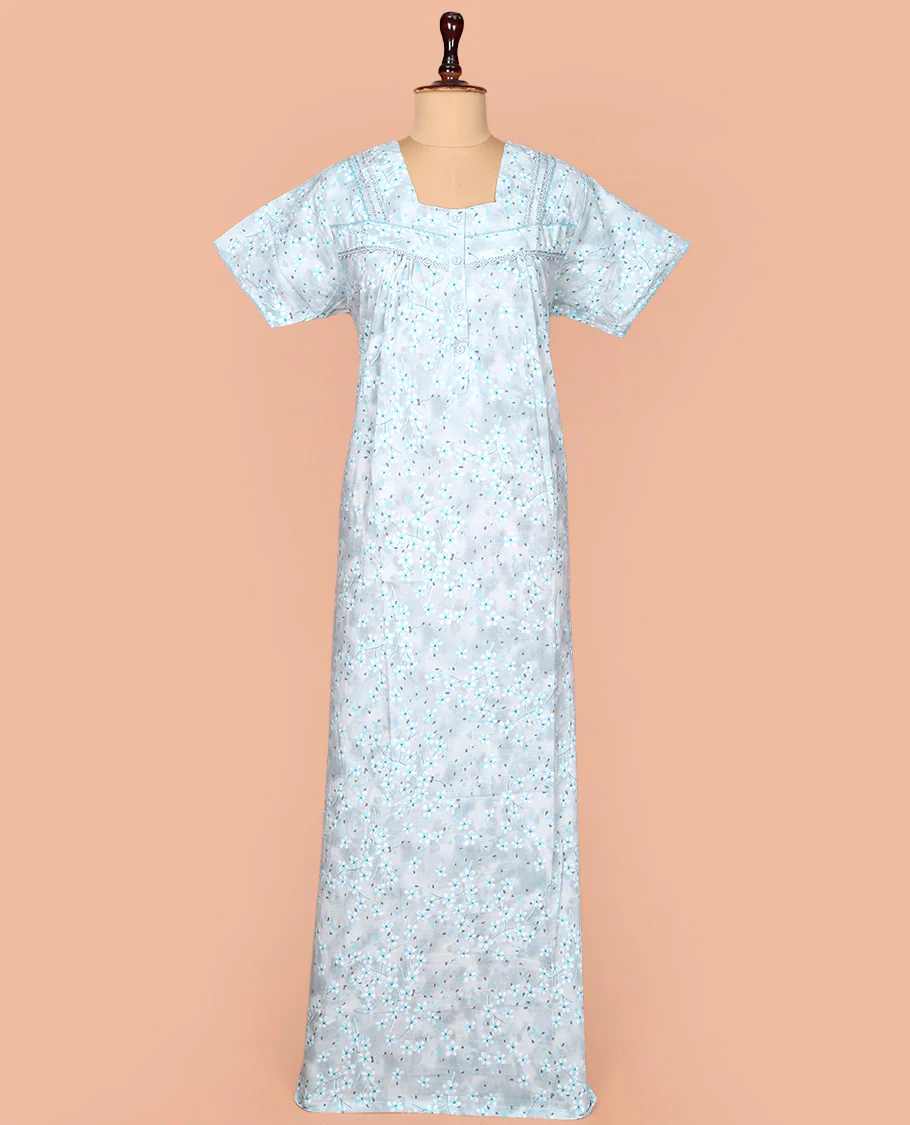 Pale Blue Cotton Nighty Subtly Sparkled with Floral Print, Featuring Lace Work, Square Front Neck, and Half Sleeves - Image 2