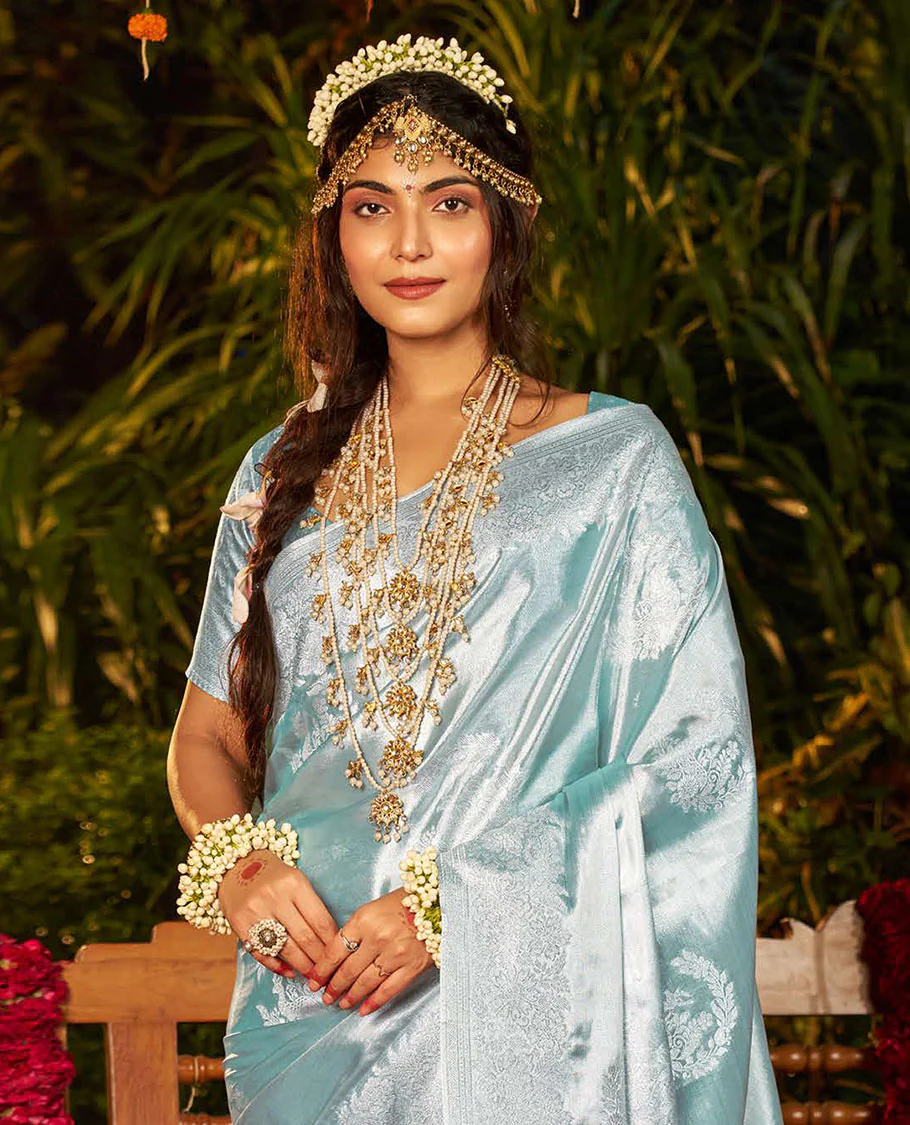 Pale Blue Designer Catalog Saree, Sparsely Woven with Floral Buttas All Over Its Body, Subtly Floral Design Border, Pallu Pictures Floral Designs, and Paired with a Matching Blouse - Image 2
