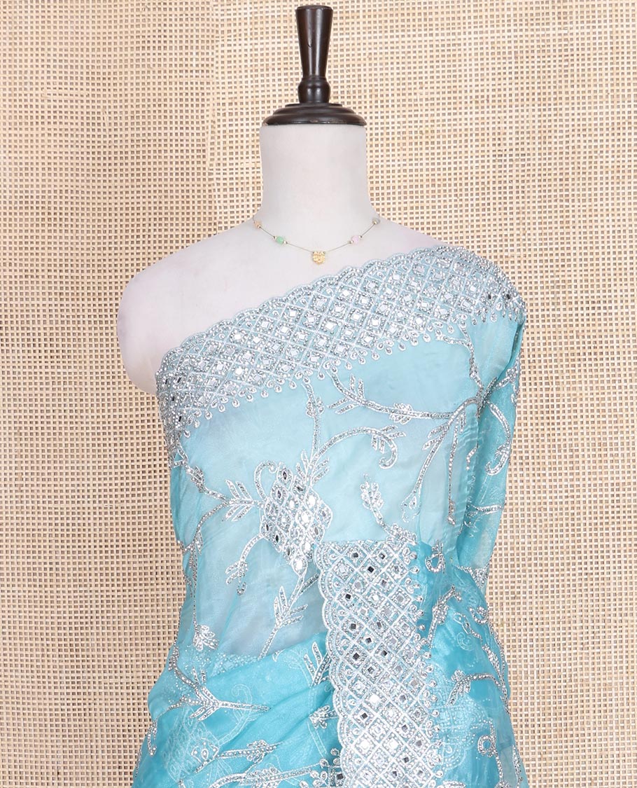 Pale Blue Designer Saree, Richly Detailed with Floral-Jaal Style Mixed Embroidery on Its Body, Highlighted by Jaal-Patterned Scallop Embroidered Border, Self-Design Pallu, and Paired with a Heavy Embroidered Matching Blouse - Image 2