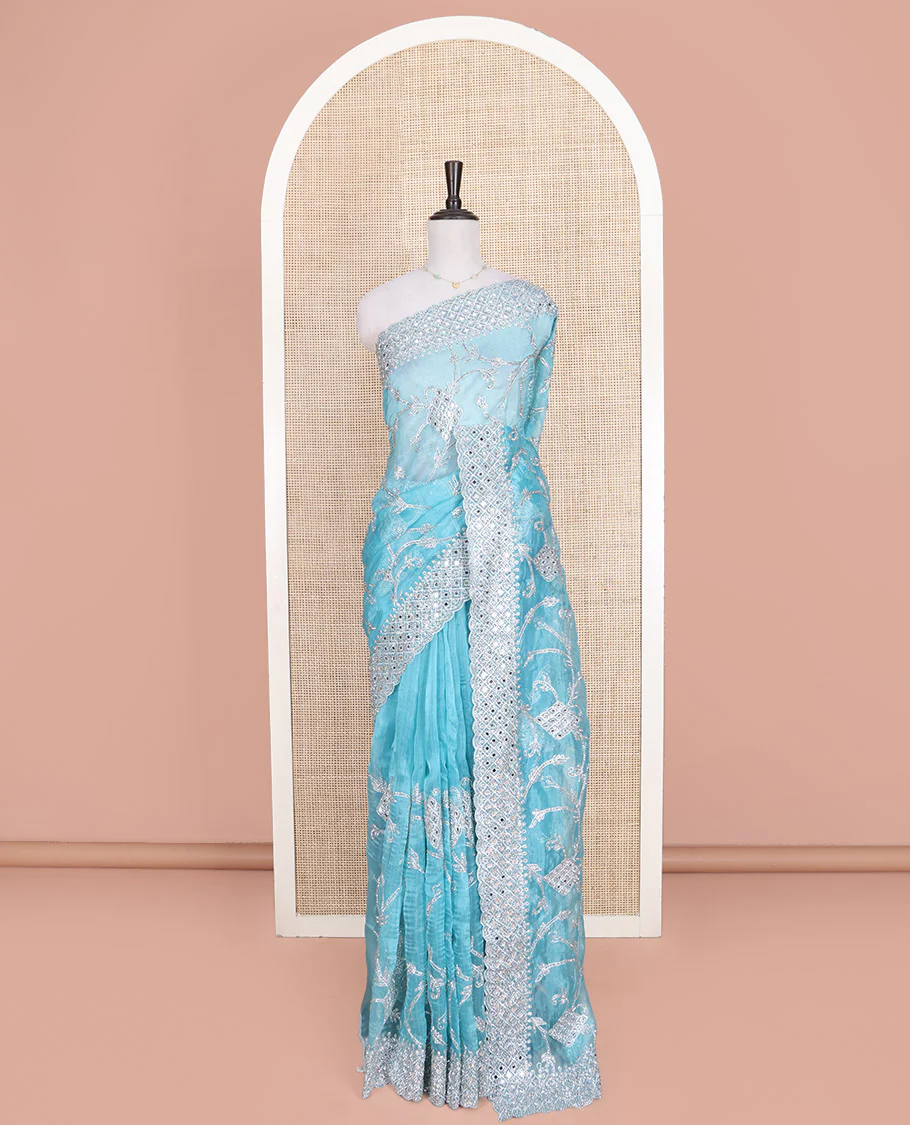 Pale Blue Designer Saree, Richly Detailed with Floral-Jaal Style Mixed Embroidery on Its Body, Highlighted by Jaal-Patterned Scallop Embroidered Border, Self-Design Pallu, and Paired with a Heavy Embroidered Matching Blouse - Image 3