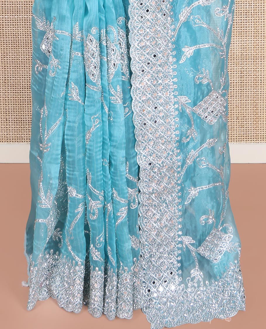 Pale Blue Designer Saree, Richly Detailed with Floral-Jaal Style Mixed Embroidery on Its Body, Highlighted by Jaal-Patterned Scallop Embroidered Border, Self-Design Pallu, and Paired with a Heavy Embroidered Matching Blouse - Image 4