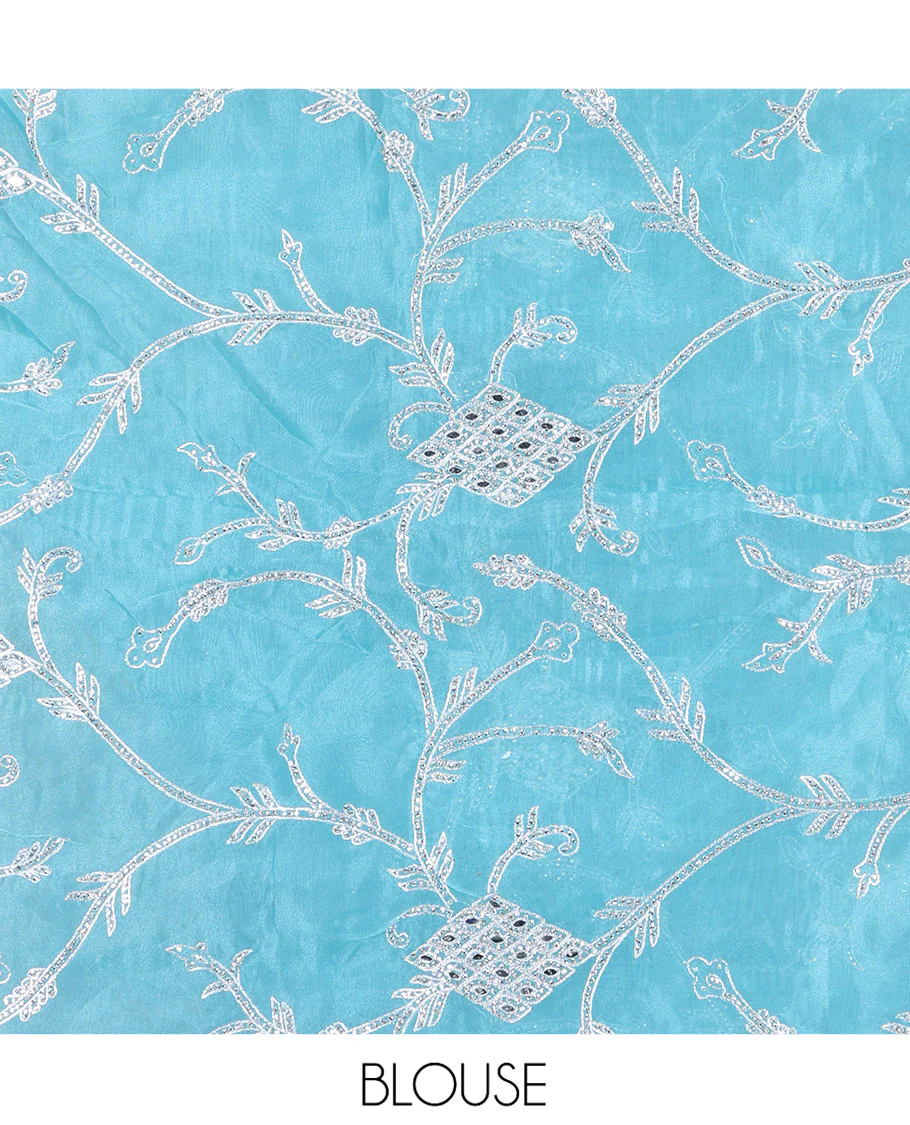 Pale Blue Designer Saree, Richly Detailed with Floral-Jaal Style Mixed Embroidery on Its Body, Highlighted by Jaal-Patterned Scallop Embroidered Border, Self-Design Pallu, and Paired with a Heavy Embroidered Matching Blouse - Image 5
