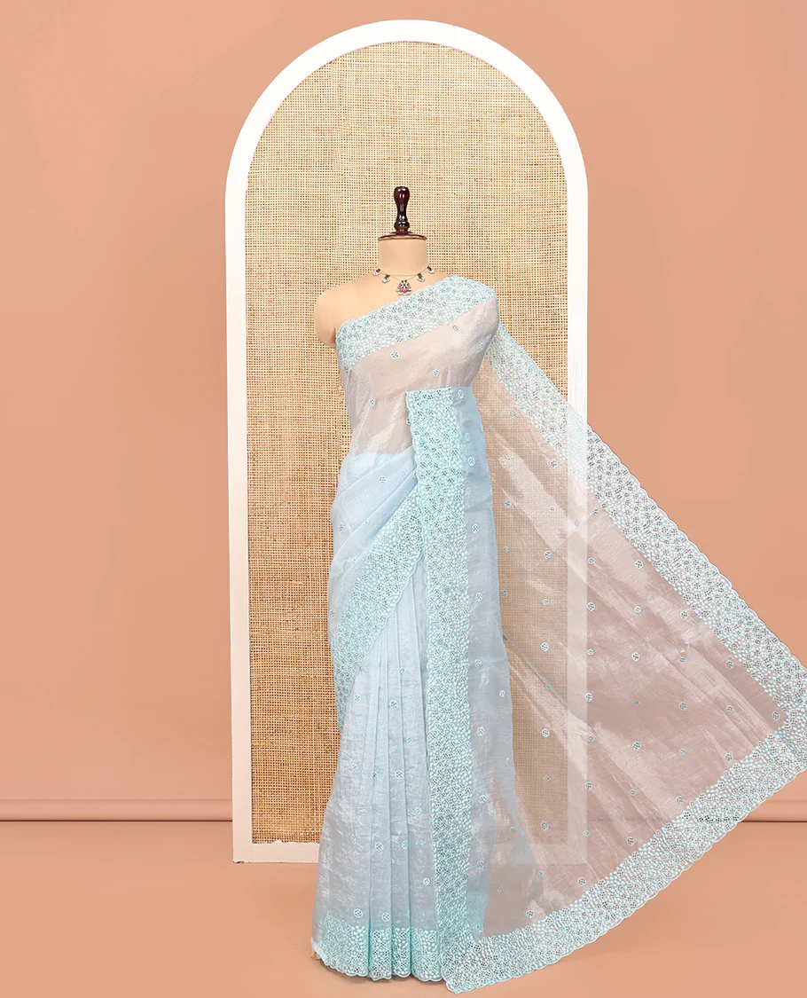 Pale Blue Organza Saree, Subtly Sparkled with Hakoba-Style Cutwork Embroidery, Scallop Cutwork Border, and a Matching Blouse