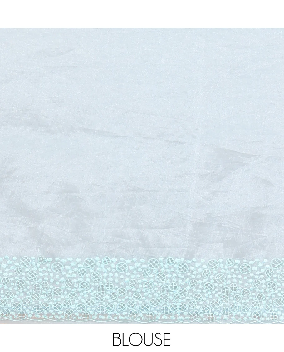 Pale Blue Organza Saree, Subtly Sparkled with Hakoba-Style Cutwork Embroidery, Scallop Cutwork Border, and a Matching Blouse - Image 5