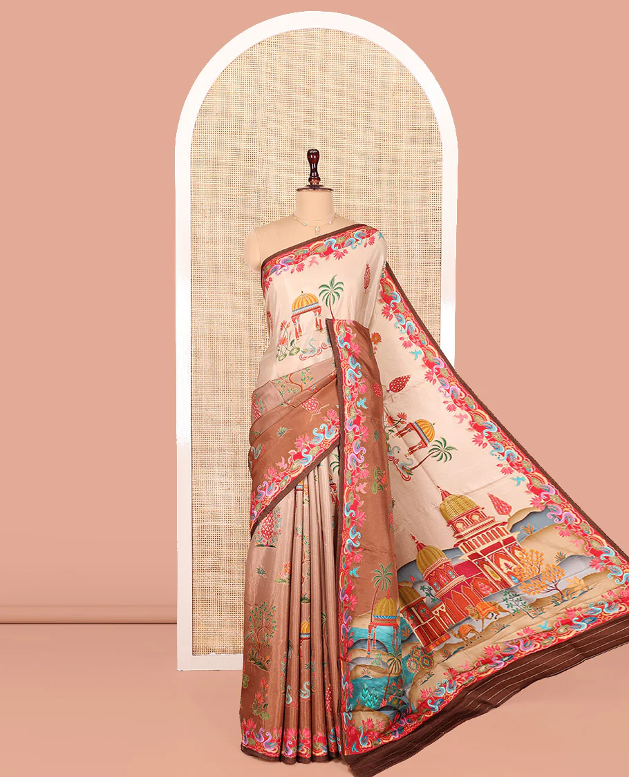 Pale Brown Dola Silk Saree, Richly Detailed with Mughal-Style Design on Its Body, Complemented by Contrast Floral-Bird Printed Border, Mughal-Style Printed Pallu, and Paired with a Contrast Blouse