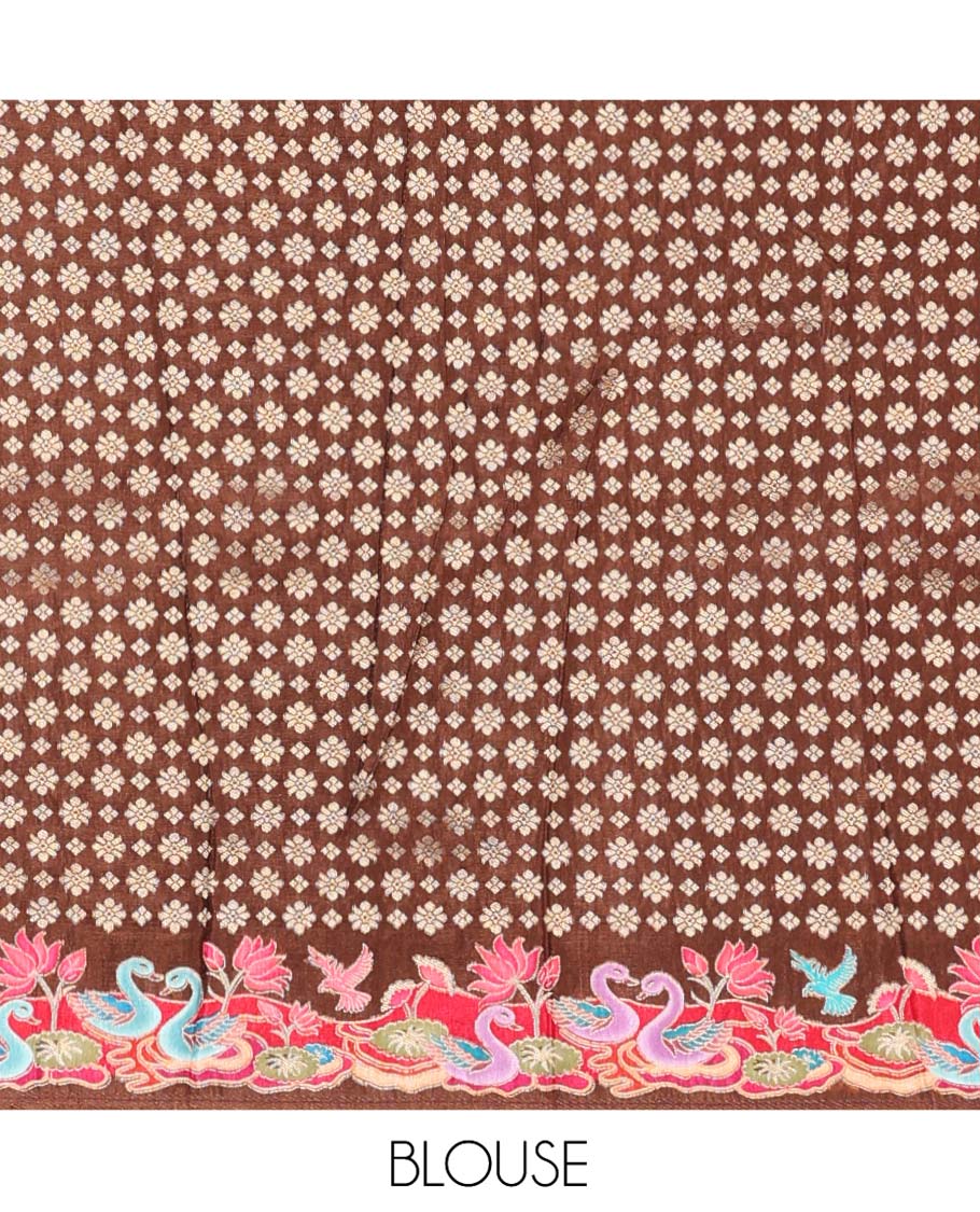 Pale Brown Dola Silk Saree, Richly Detailed with Mughal-Style Design on Its Body, Complemented by Contrast Floral-Bird Printed Border, Mughal-Style Printed Pallu, and Paired with a Contrast Blouse - Image 6