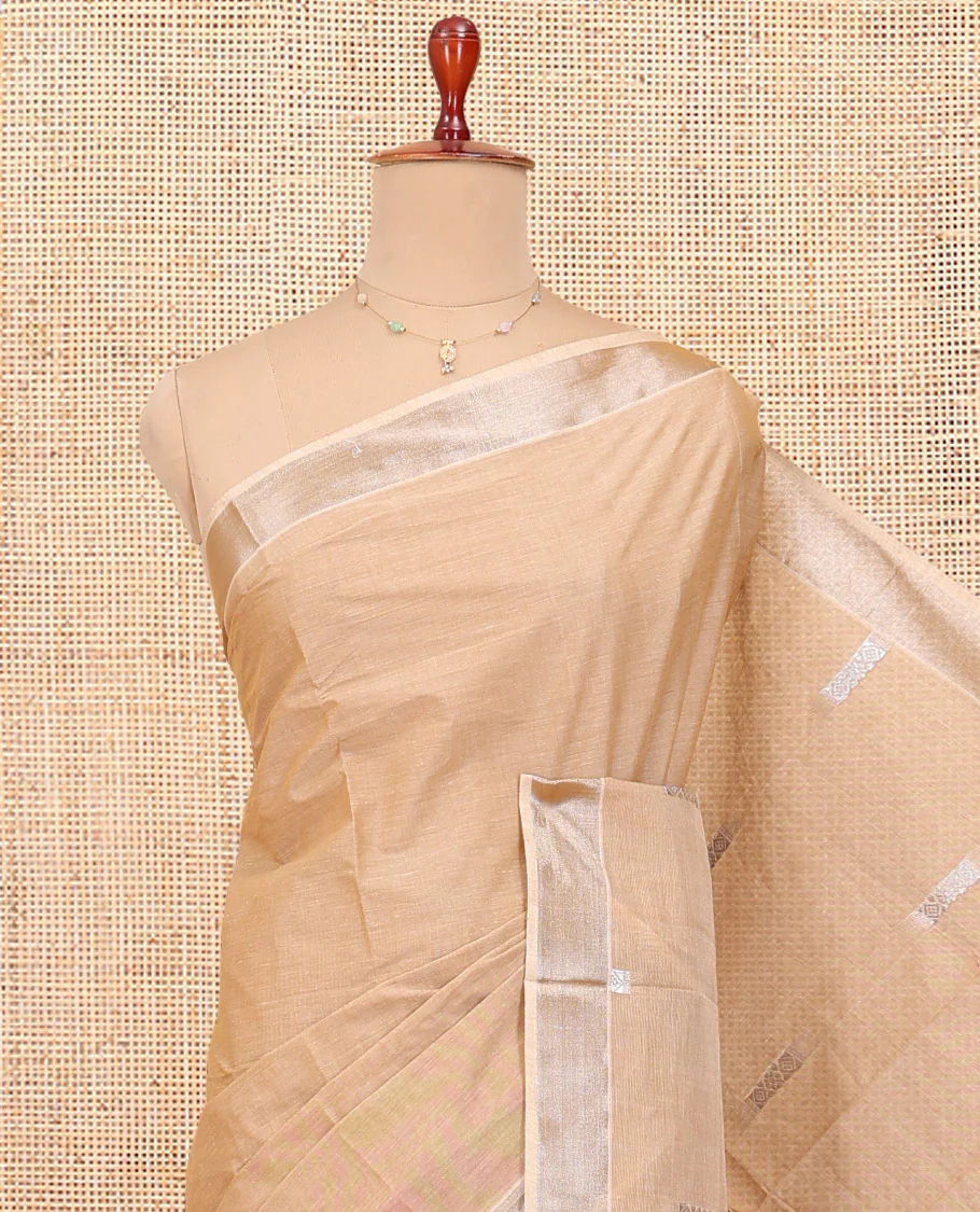 Pale Brown Kerala Cotton Saree, Showcasing with Thread and Zari Buttas All Over Its Body, a Zari Bavanji Border, Pallu of Paisley Designs, and Paired with a Matching Blouse - Image 2