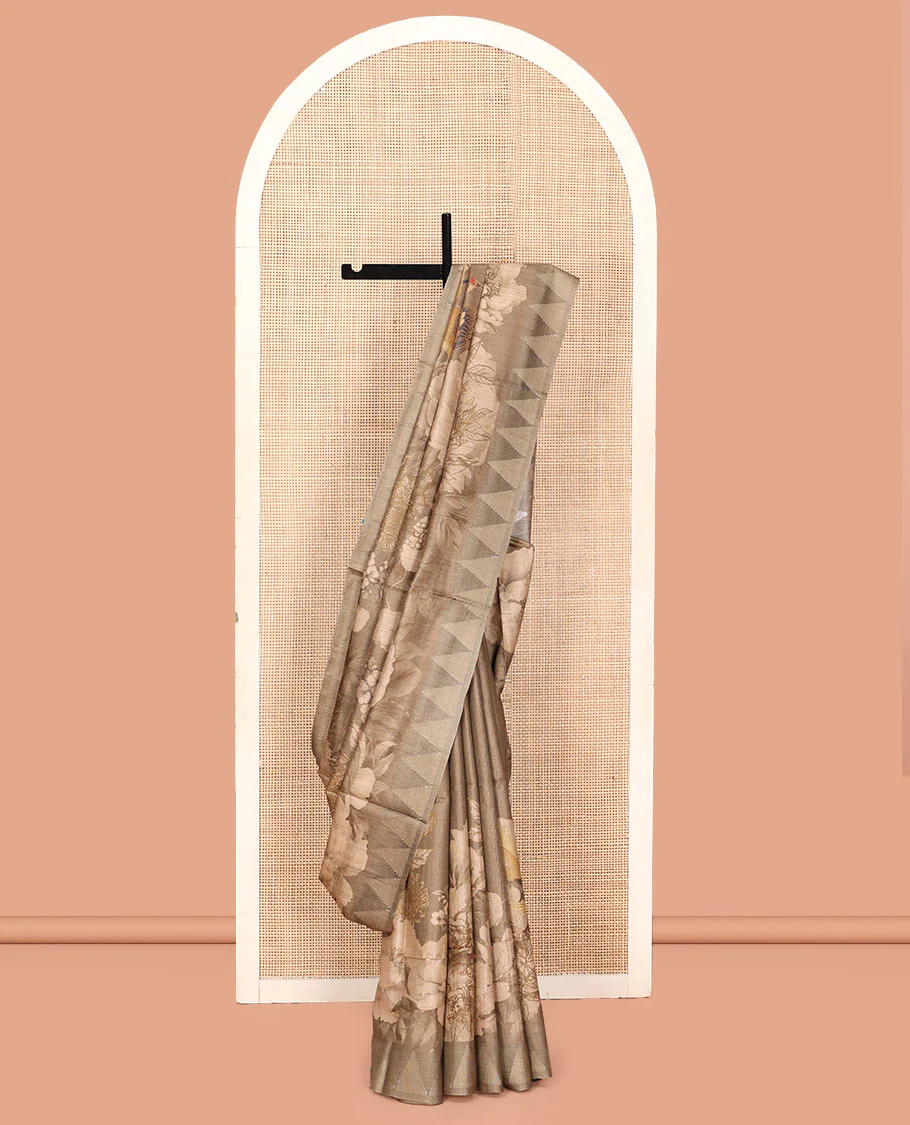 Pale Brown Tussar Silk Saree, Embellished with Floral and Bird Print on Its Body, a Temple Border, Striped Pallu, and Paired with a Matching Blouse