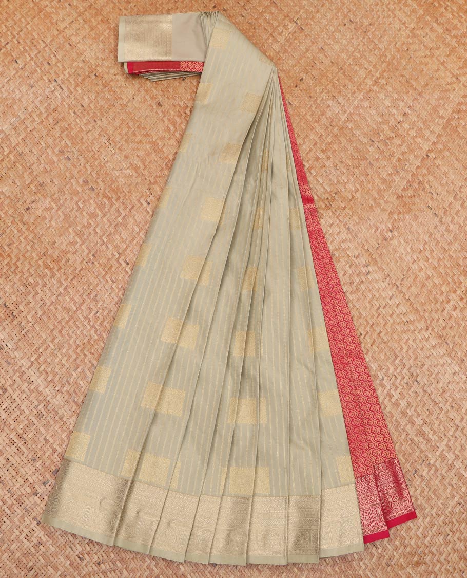 Pale Green Budget Silk Saree, Subtly Adorned with Zari Buttas and Stripes All Over Its Body, Highlighted by Traditional Zari Border, Contrast Grand Jaal Pallu and Paired with a Contrast Blouse - Image 2