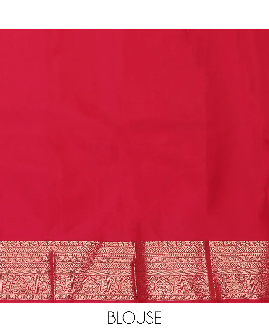 Pale Green Budget Silk Saree, Subtly Adorned with Zari Buttas and Stripes All Over Its Body, Highlighted by Traditional Zari Border, Contrast Grand Jaal Pallu and Paired with a Contrast Blouse - Image 4