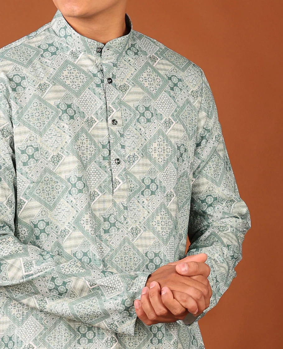 Pale Green Geometric Design Full-Sleeved Men's Kurta - Image 3