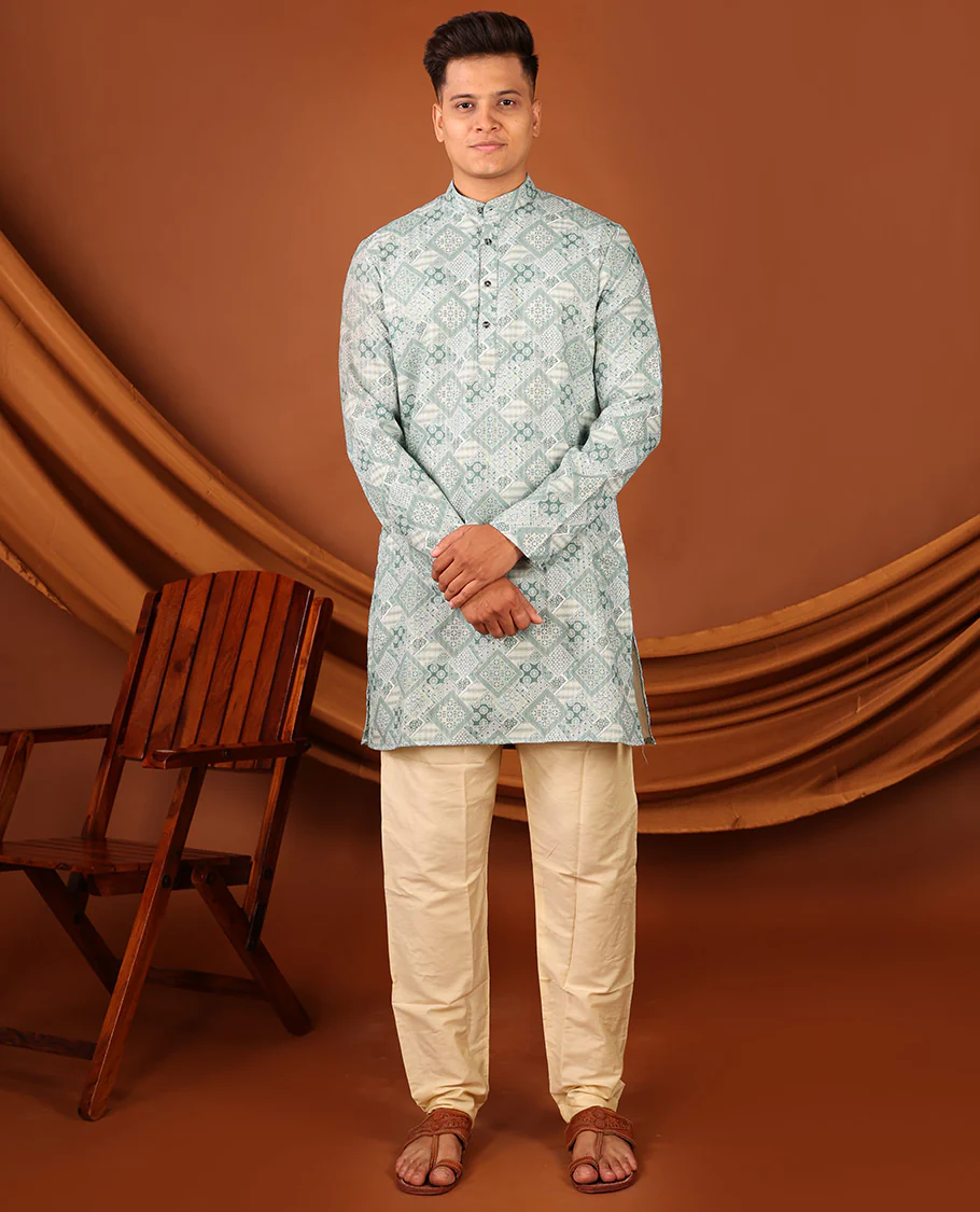 Pale Green Geometric Design Full-Sleeved Men's Kurta - Image 4