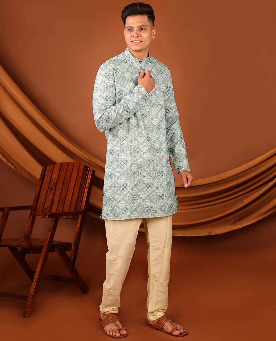 Pale Green Geometric Design Full-Sleeved Men's Kurta - Image 5