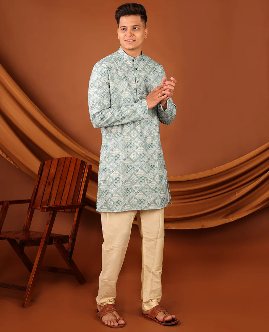 Pale Green Geometric Design Full-Sleeved Men's Kurta - Image 6