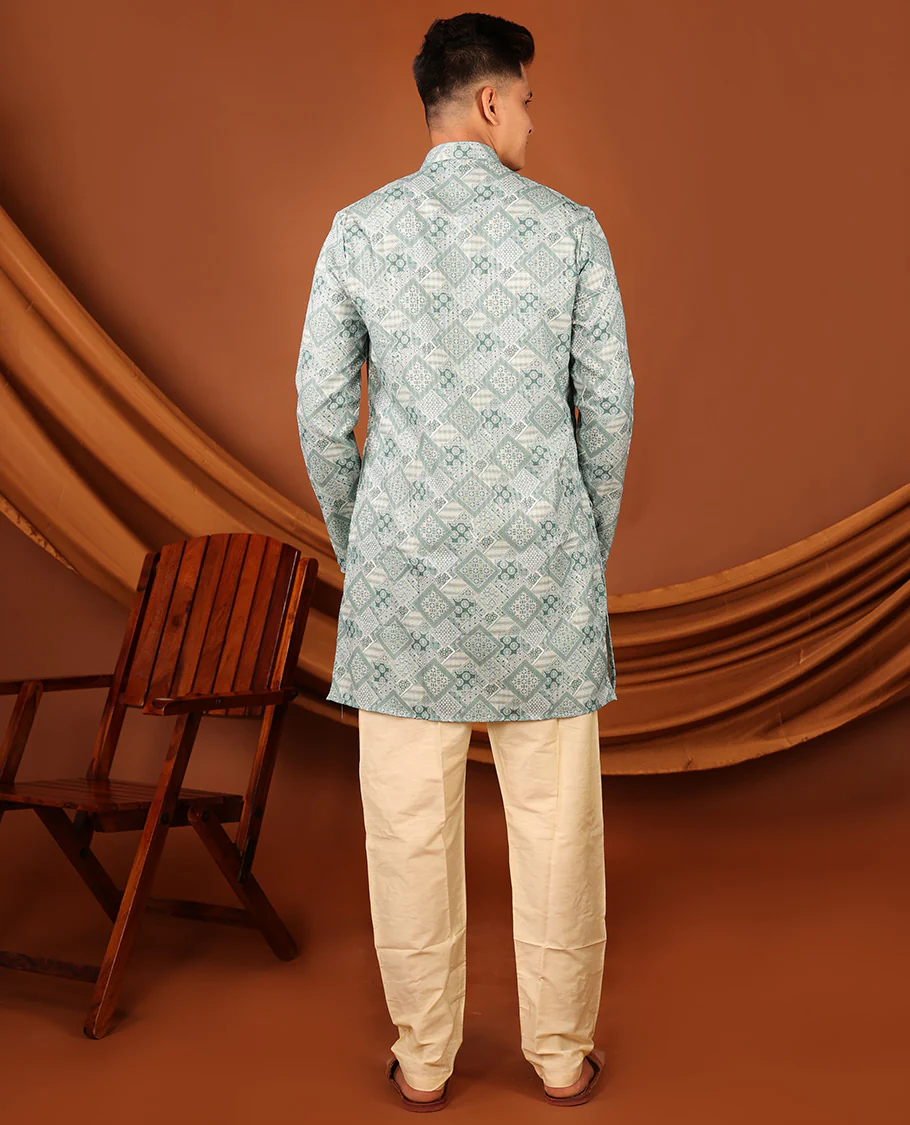 Pale Green Geometric Design Full-Sleeved Men's Kurta - Image 7