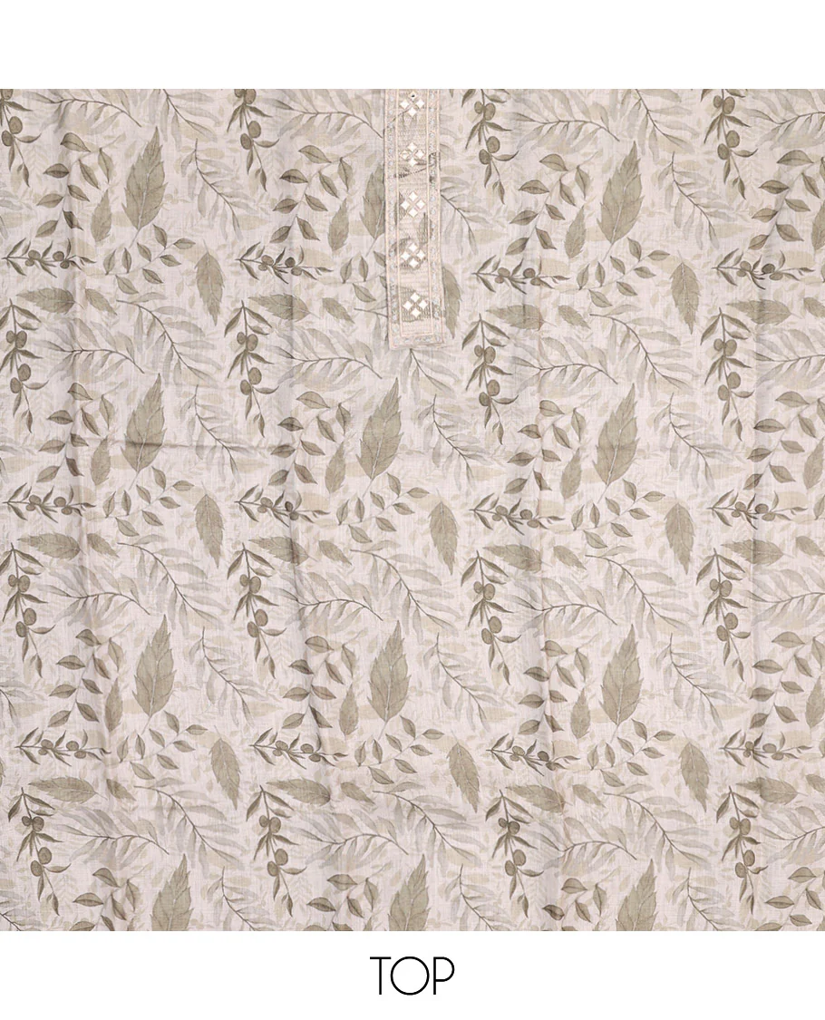 Pale Green Material Chudidar Set, Beautified with Abstract-Style Leaf Printed and Embroidery on Cotton Top, a Contrast Plain Cotton Bottom, and Paired with Sequins Striped Cotton Dupatta - Image 2