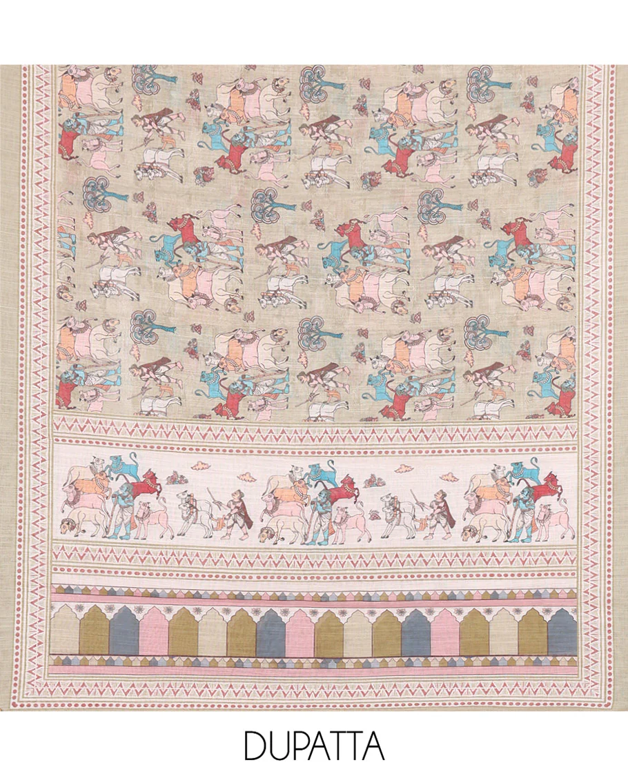 Pale Green Material Churidar Set, Sparsely Woven with Buttas and Pichwai Cow Printed Semi-Linen Top, Comes with a Contrast Plain Santoon Bottom, Santoon Dupatta of Unique Pichwai and Human Figurines Print - Image 2