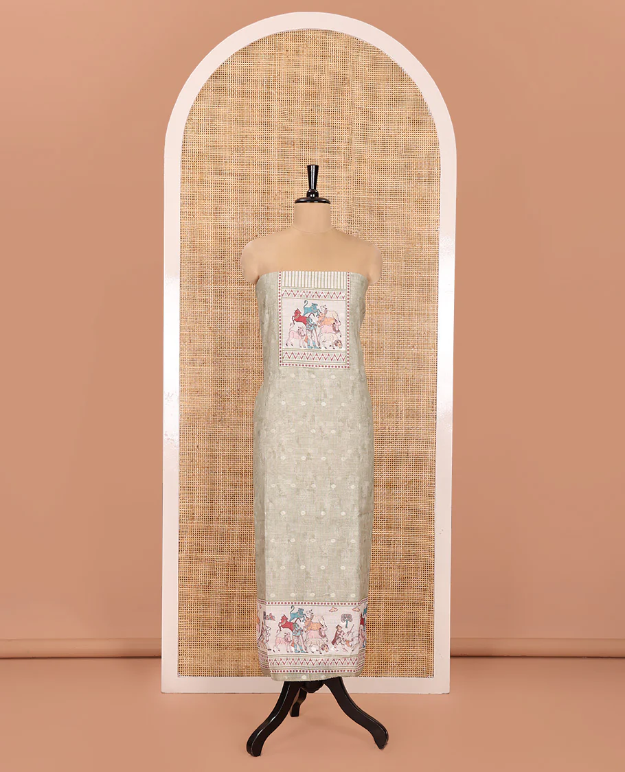 Pale Green Material Churidar Set, Sparsely Woven with Buttas and Pichwai Cow Printed Semi-Linen Top, Comes with a Contrast Plain Santoon Bottom, Santoon Dupatta of Unique Pichwai and Human Figurines Print - Image 3