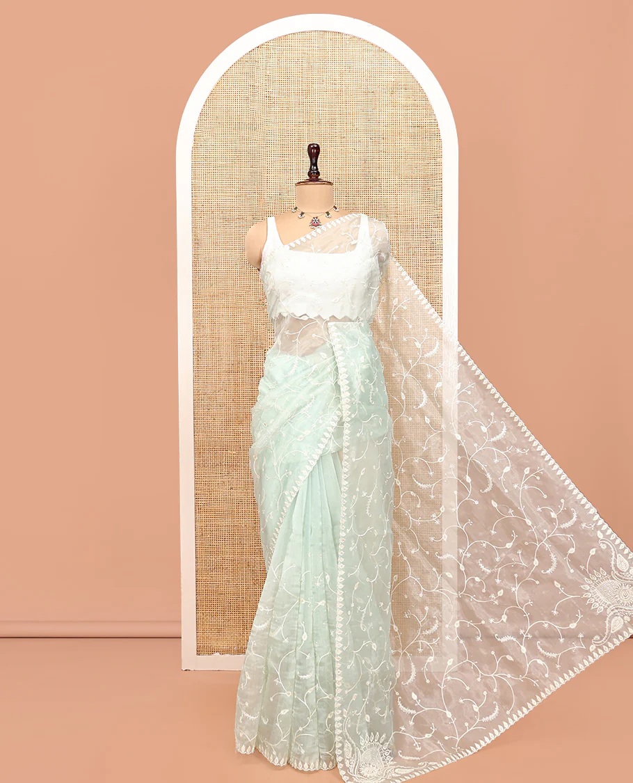 Pale Green Organza Saree, Elegantly Detailed with Floral Vine Embroidery, Scallop Embroidery Border, and a Matching Blouse