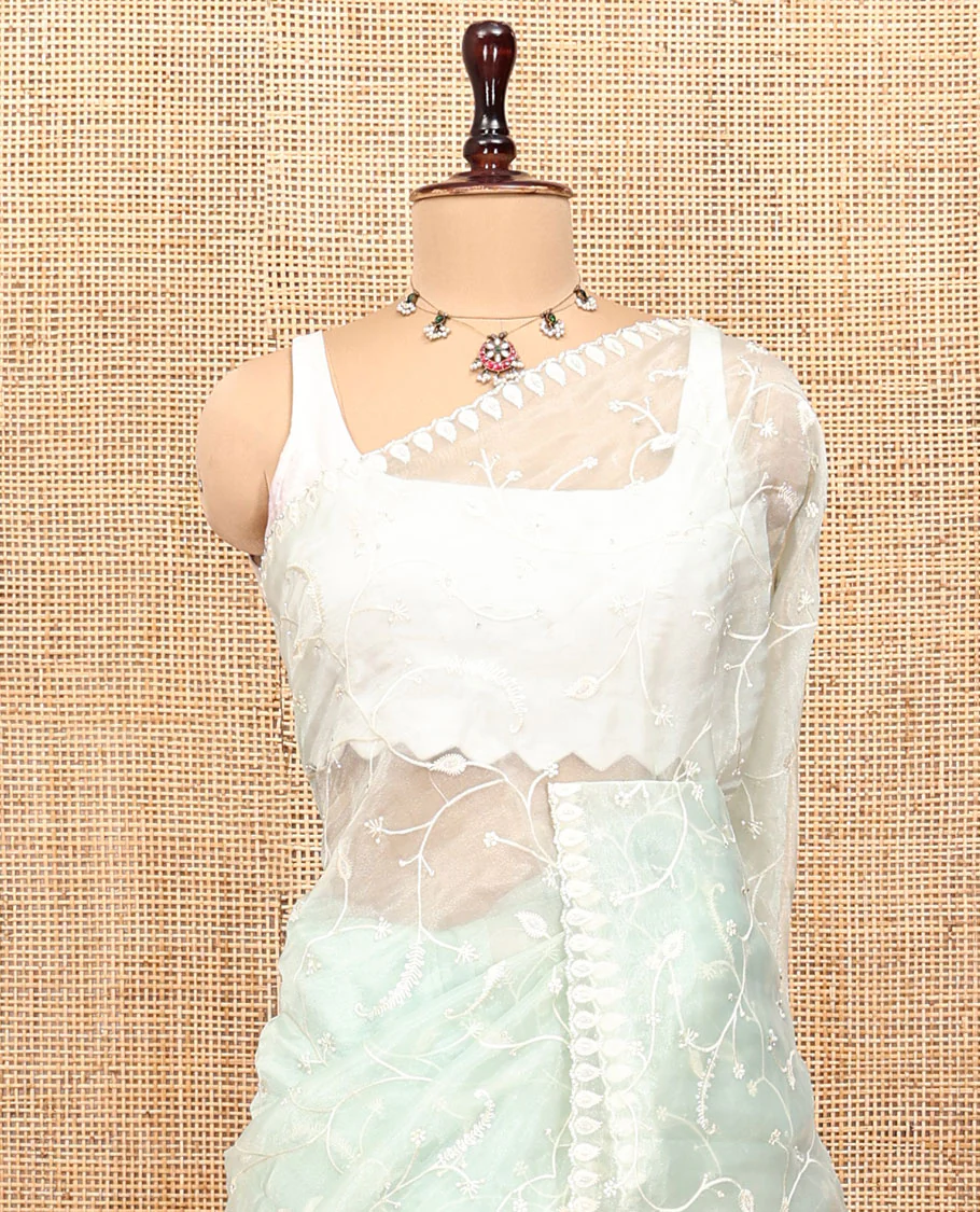 Pale Green Organza Saree, Elegantly Detailed with Floral Vine Embroidery, Scallop Embroidery Border, and a Matching Blouse - Image 2