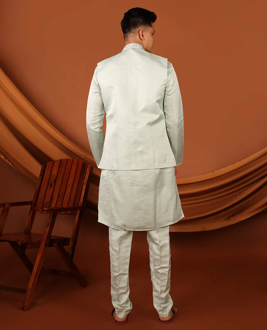 Pale Green Plain Full-Sleeved Men's Kurta Comes with a Mughal-Style Mixed-Embroidered Half-Sleeve Jacket and Matching Pants - Image 6