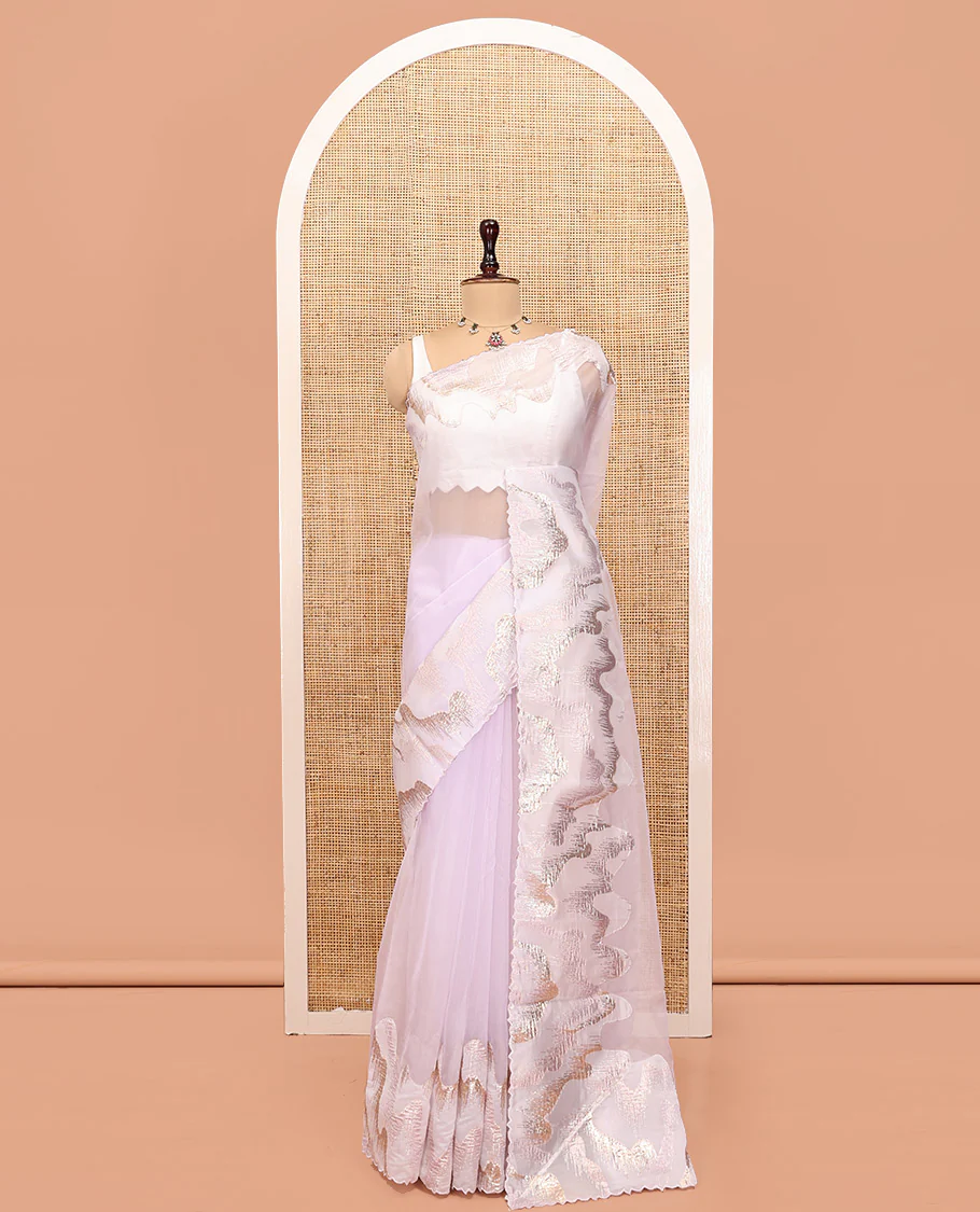 Pale Lavender Plain Organza Saree, Gleamed Up with Golden-Foil Floral Embroidery Border and a Matching Blouse - Image 3