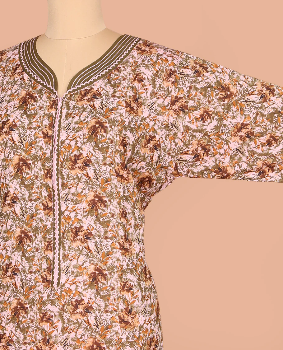 Pale Orange Cotton Nighty Accentuated with Floral Print, Featuring Lace Work, Sweet-Heart-Style Front Neck, and 3/4th Sleeves