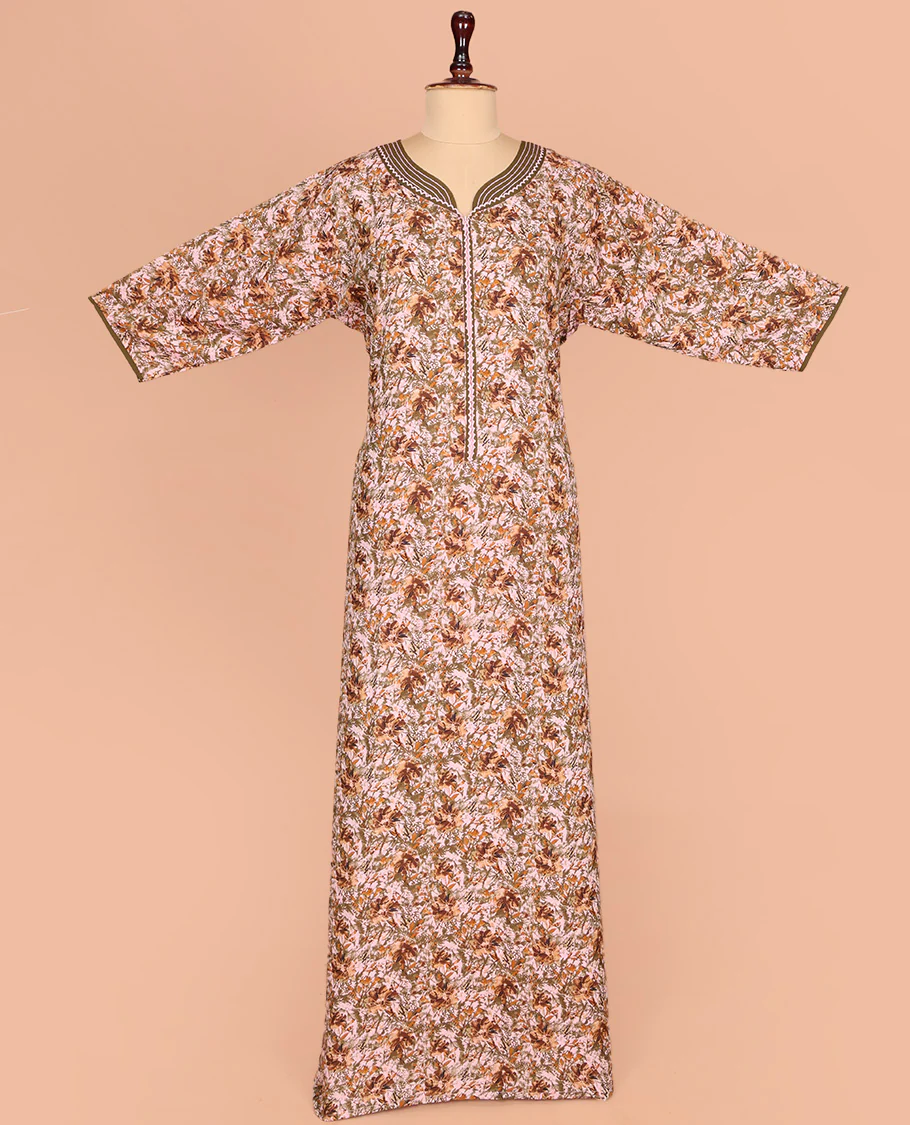 Pale Orange Cotton Nighty Accentuated with Floral Print, Featuring Lace Work, Sweet-Heart-Style Front Neck, and 3/4th Sleeves - Image 2