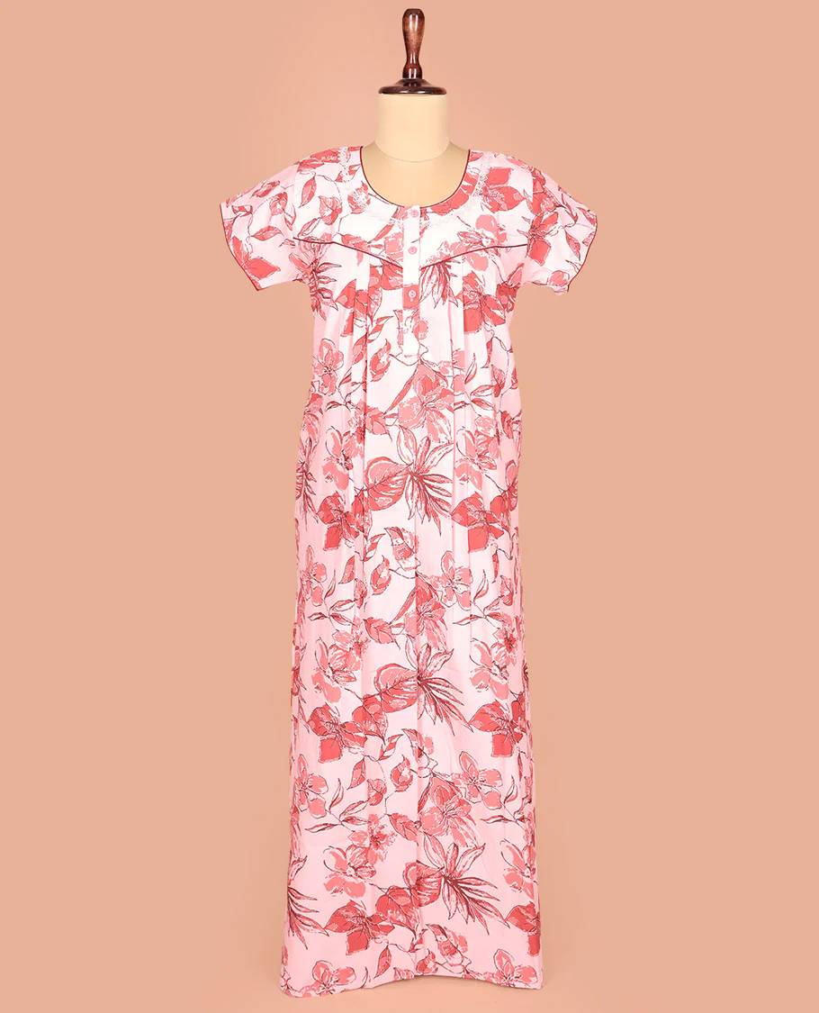 Pale Pink Cotton Nighty Accentuated with Floral Patterns Print, Featuring Lace Work, Round Front Neck, and Half Sleeves - Image 2