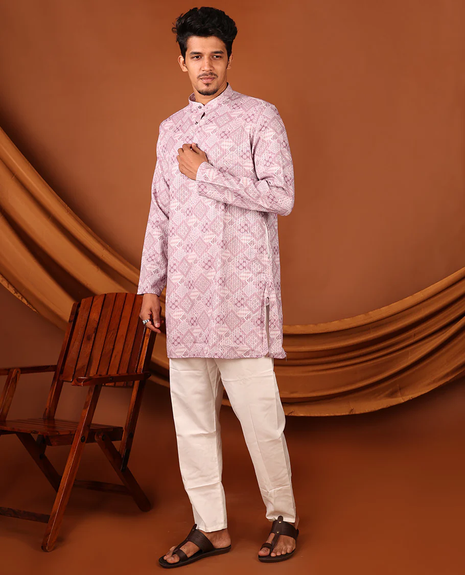 Pale Pink Geometric Design Full-Sleeved Men's Kurta - Image 3
