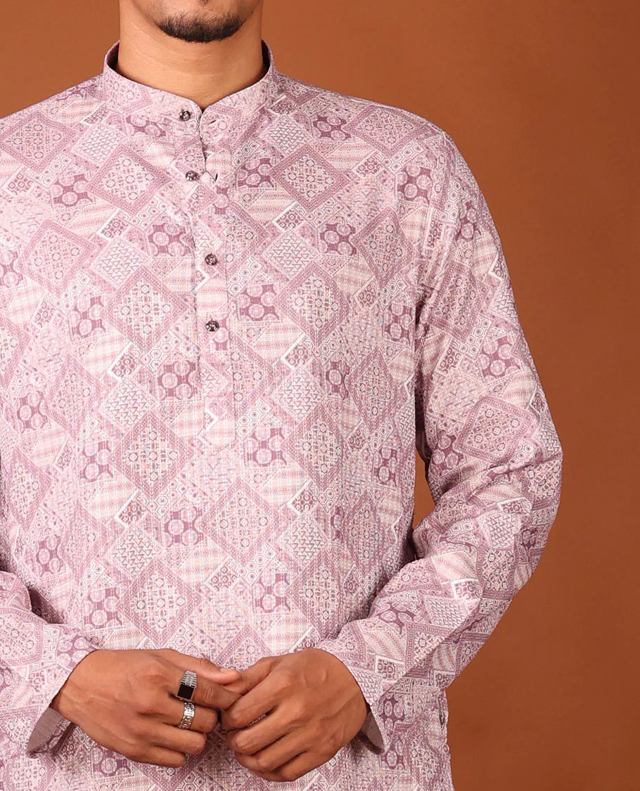 Pale Pink Geometric Design Full-Sleeved Men's Kurta - Image 4