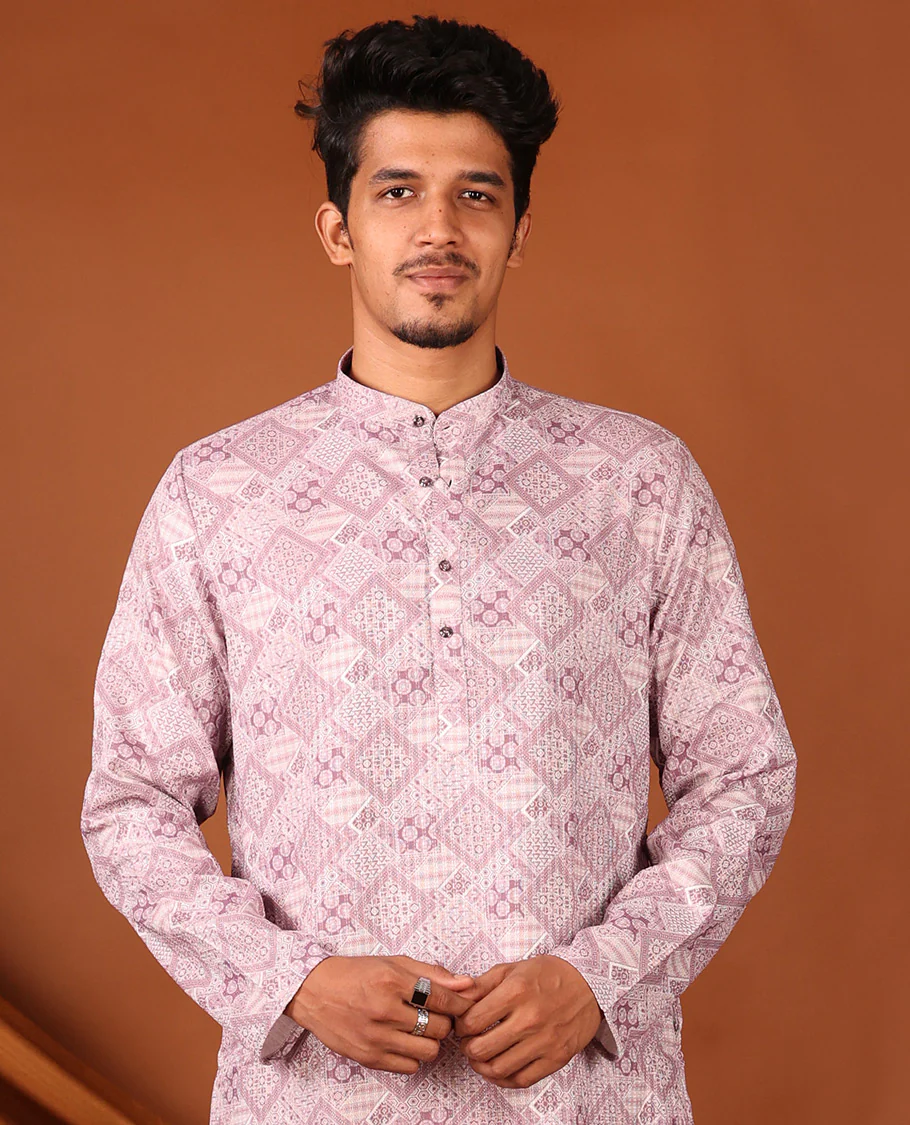 Pale Pink Geometric Design Full-Sleeved Men's Kurta - Image 5