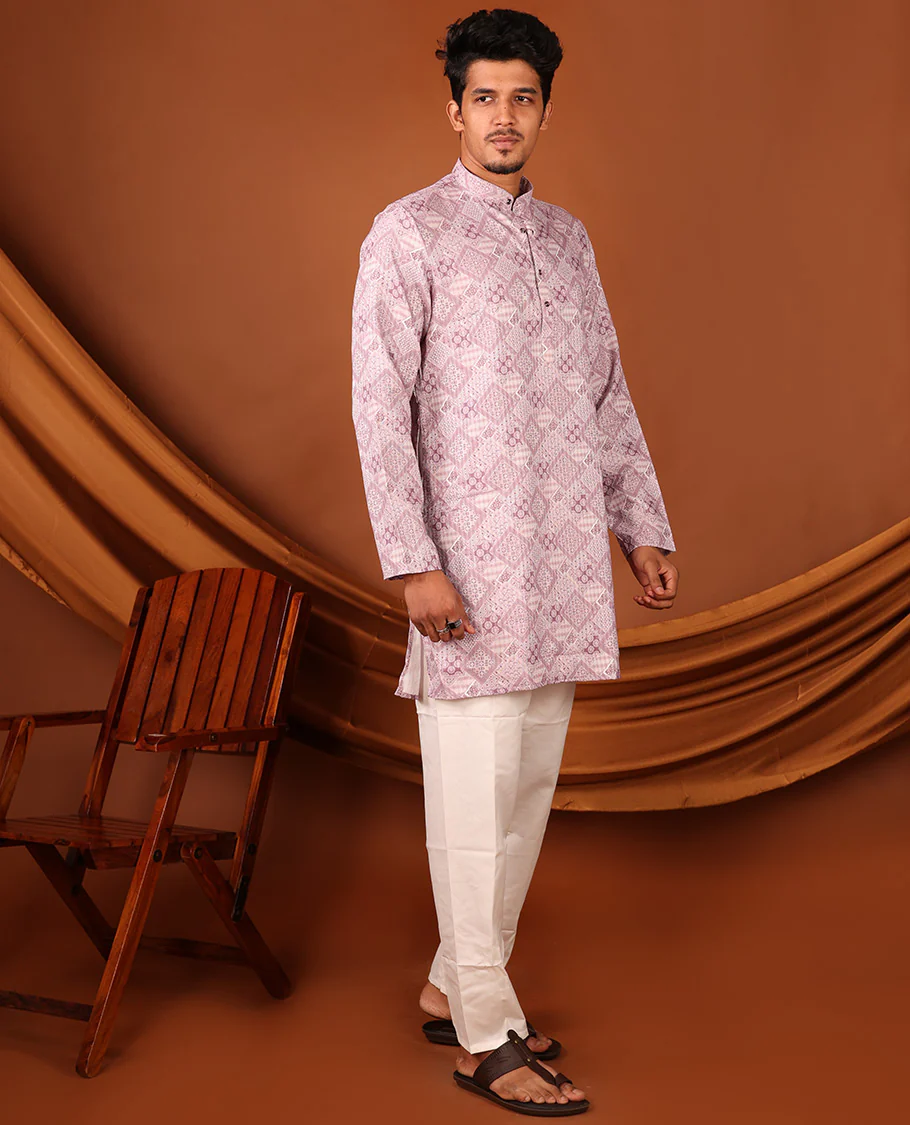 Pale Pink Geometric Design Full-Sleeved Men's Kurta - Image 6