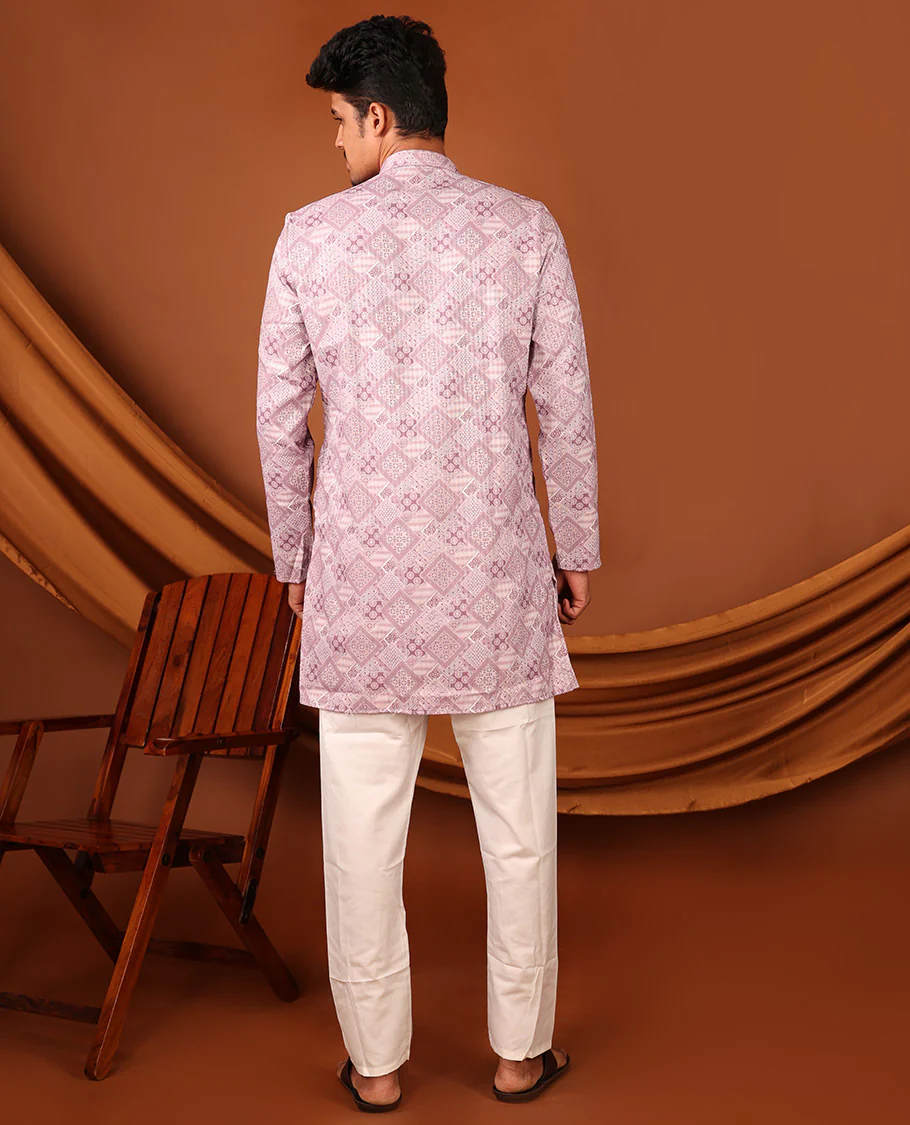 Pale Pink Geometric Design Full-Sleeved Men's Kurta - Image 7