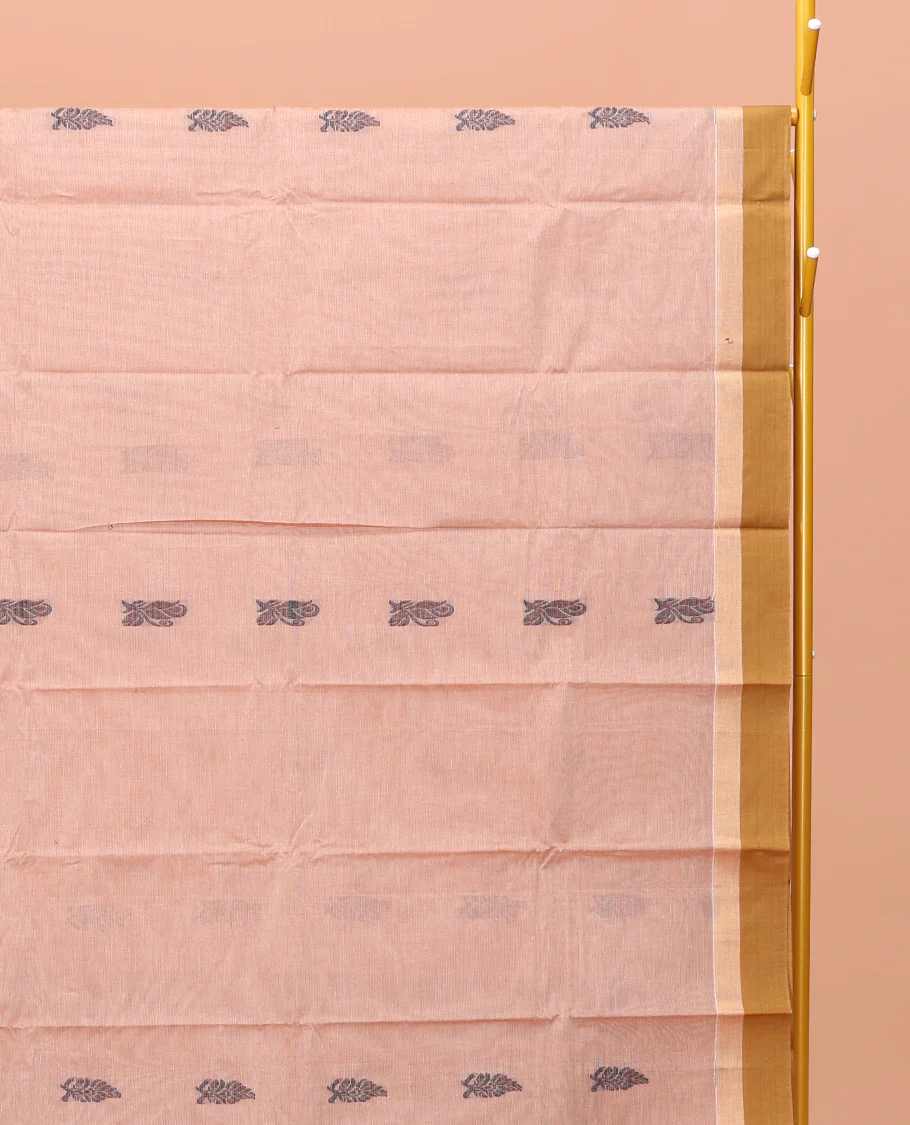Pale Pink Kanchi Cotton Saree Features Thread Buttas on Its Body, Complemented by a Contrast Border, Floral-Design Pallu, and a Matching Blouse - Image 2