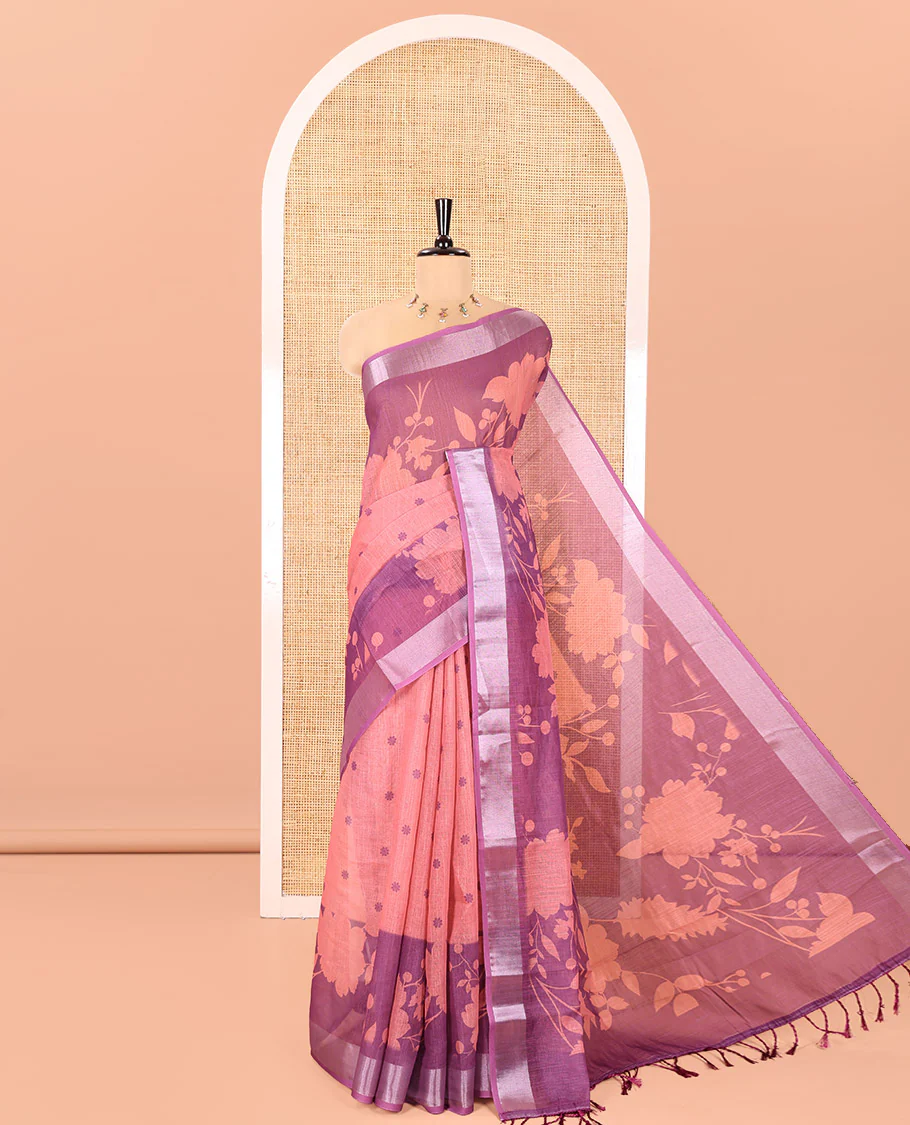 Pale Pink Linen Cotton Saree, Beautified with Silhouette-Style Floral Vine Printed on Its Body, Subtly Zari Bavanji Border, Pallu of Same Floral Print, and Paired with a Matching Blouse