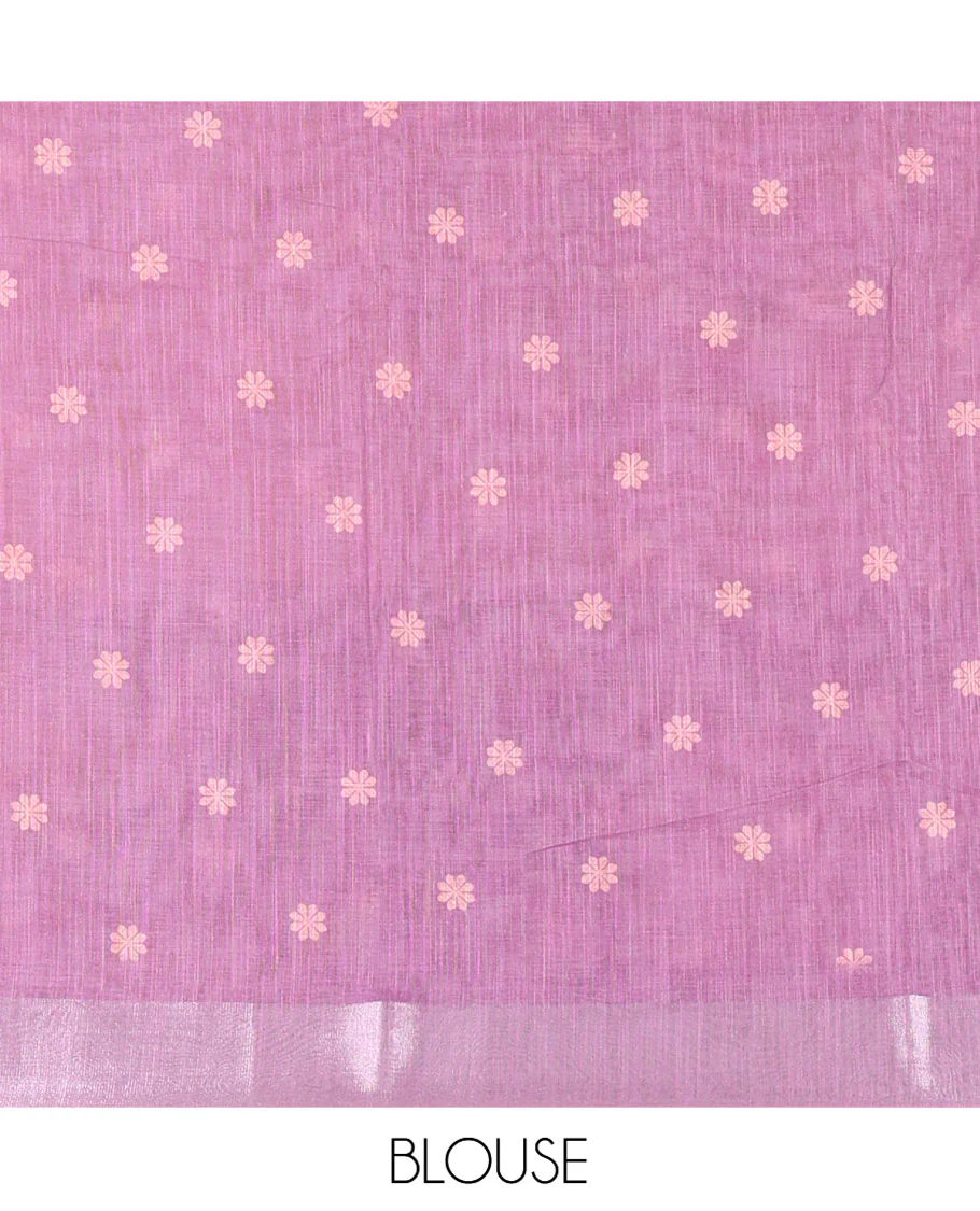 Pale Pink Linen Cotton Saree, Beautified with Silhouette-Style Floral Vine Printed on Its Body, Subtly Zari Bavanji Border, Pallu of Same Floral Print, and Paired with a Matching Blouse - Image 3