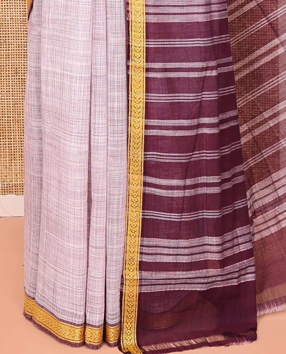 Pale Purple Andhra Cotton Saree, Sparsely Textured Heathered Patterns All Over Its Body, Complemented by Contrast Traditional Border, Pallu Steeped with Stripes, and Paired with a Matching Blouse - Image 3
