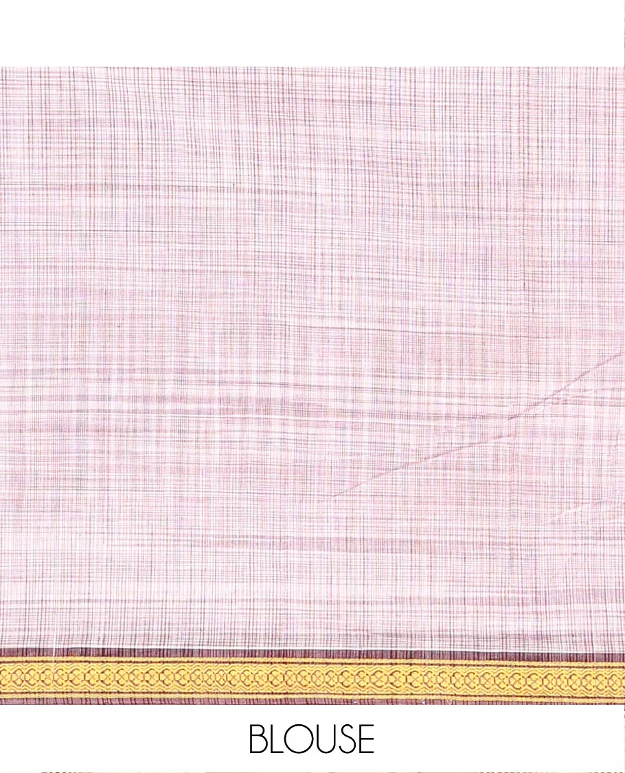 Pale Purple Andhra Cotton Saree, Sparsely Textured Heathered Patterns All Over Its Body, Complemented by Contrast Traditional Border, Pallu Steeped with Stripes, and Paired with a Matching Blouse - Image 4