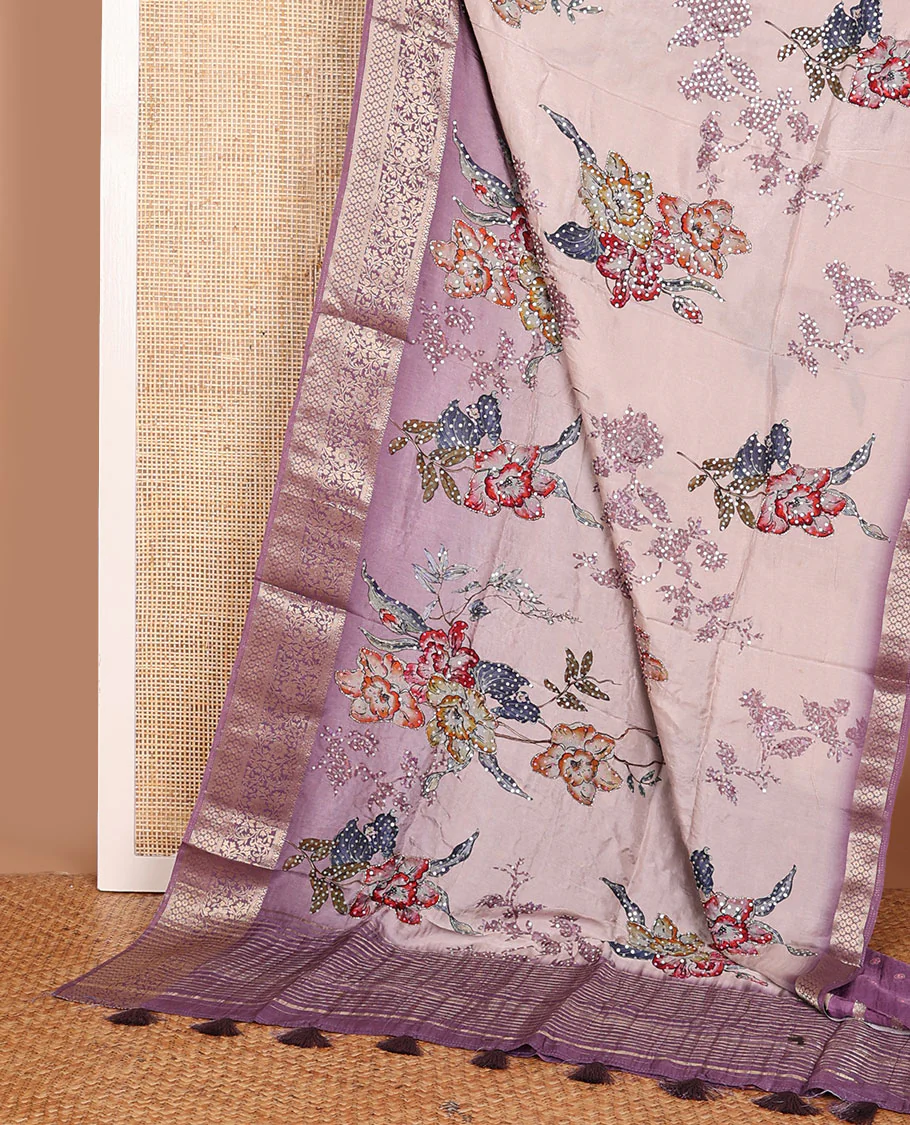 Pale purple floral printed with sequin embroidered dola silk saree, contrast floral zari border & zari striped pallu - Image 2